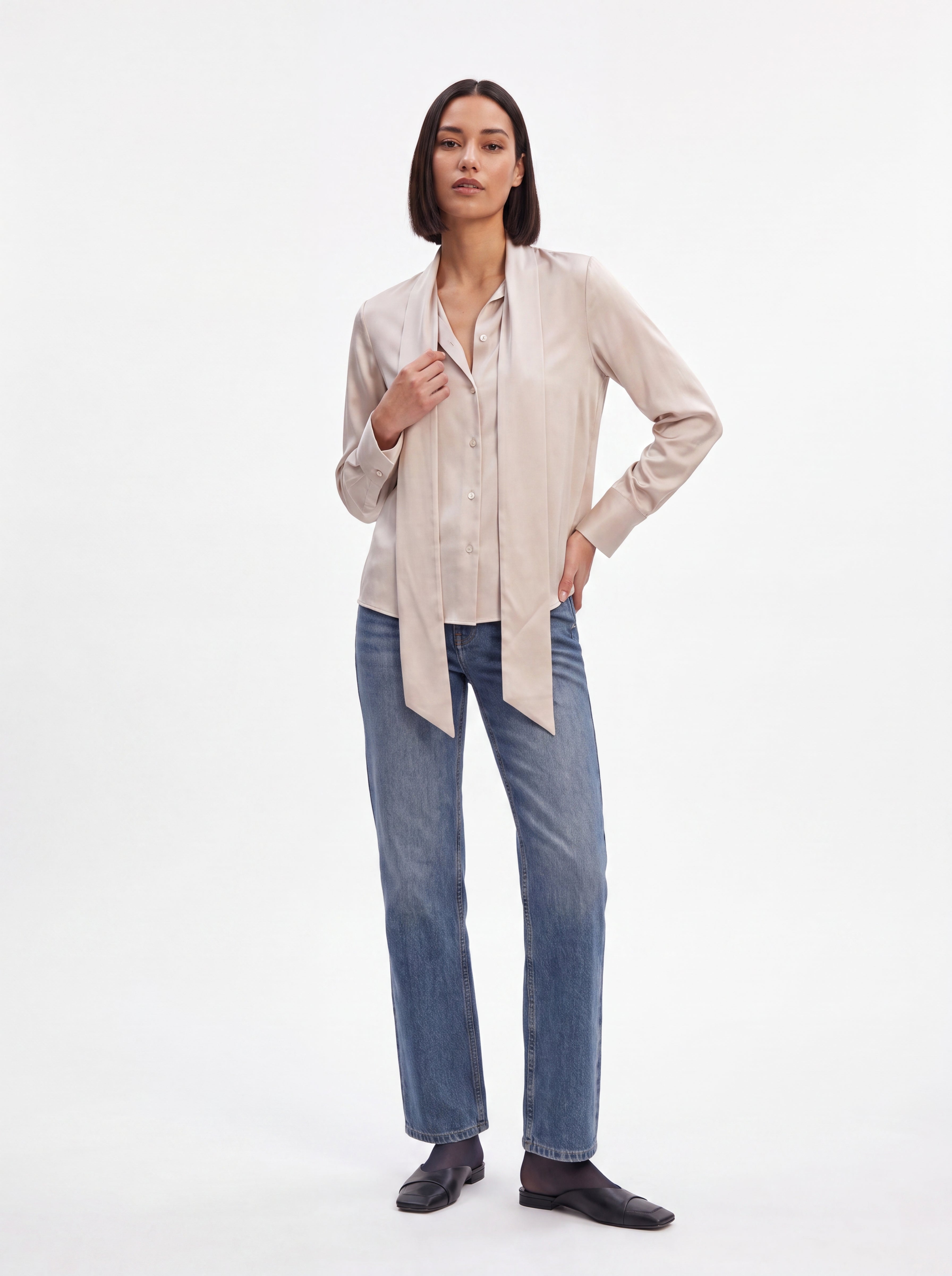Women's Champagne Satin Tie-Neck Blouse | Premium European Elegant Shirt
