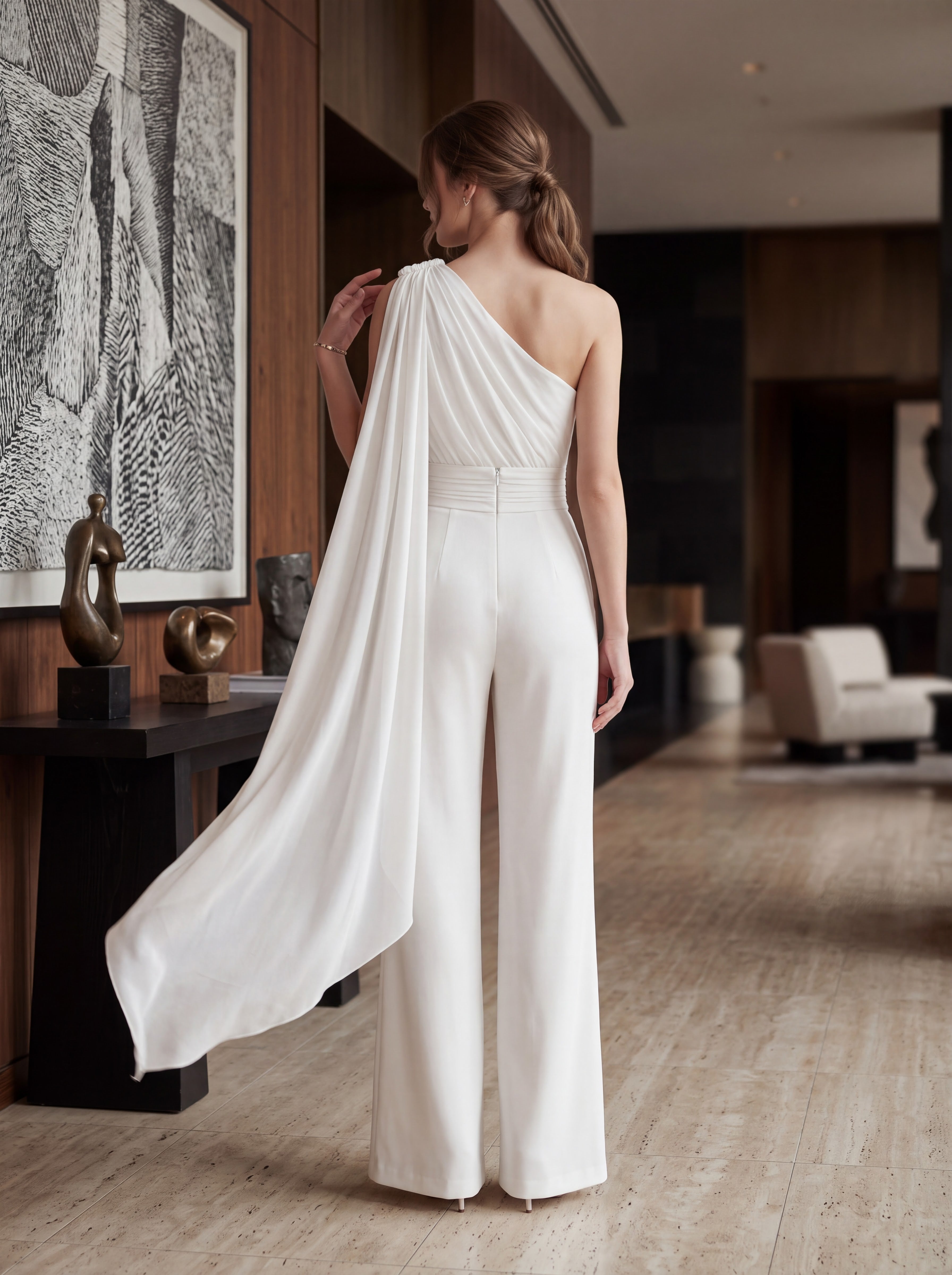 Ivory One-Shoulder Cape Jumpsuit