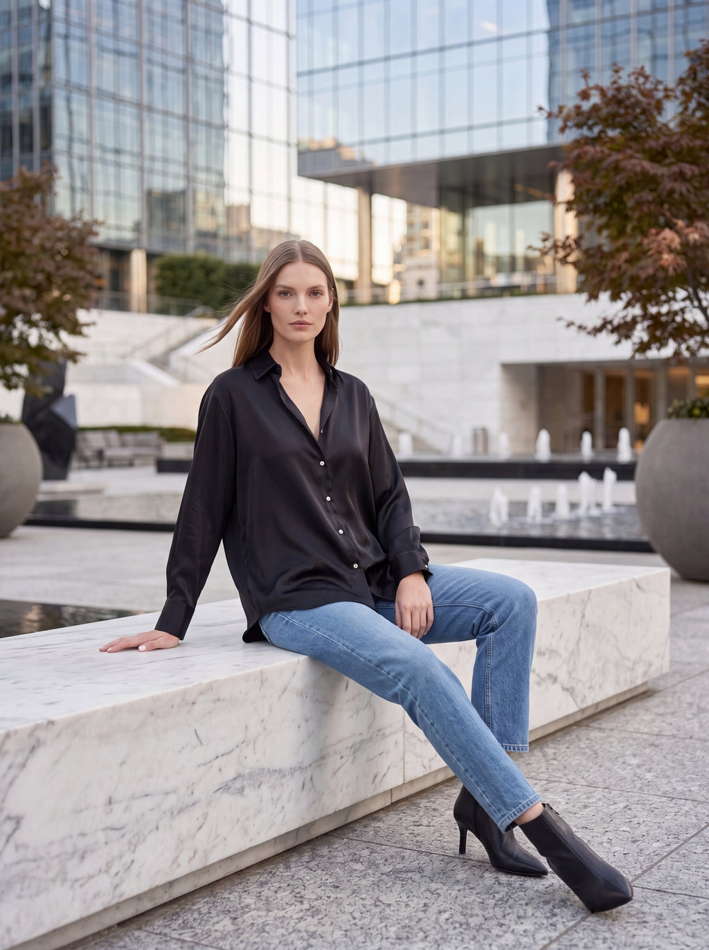 Women's Black Satin Button-Down Shirt | Premium European Long Sleeve Elegant Blouse