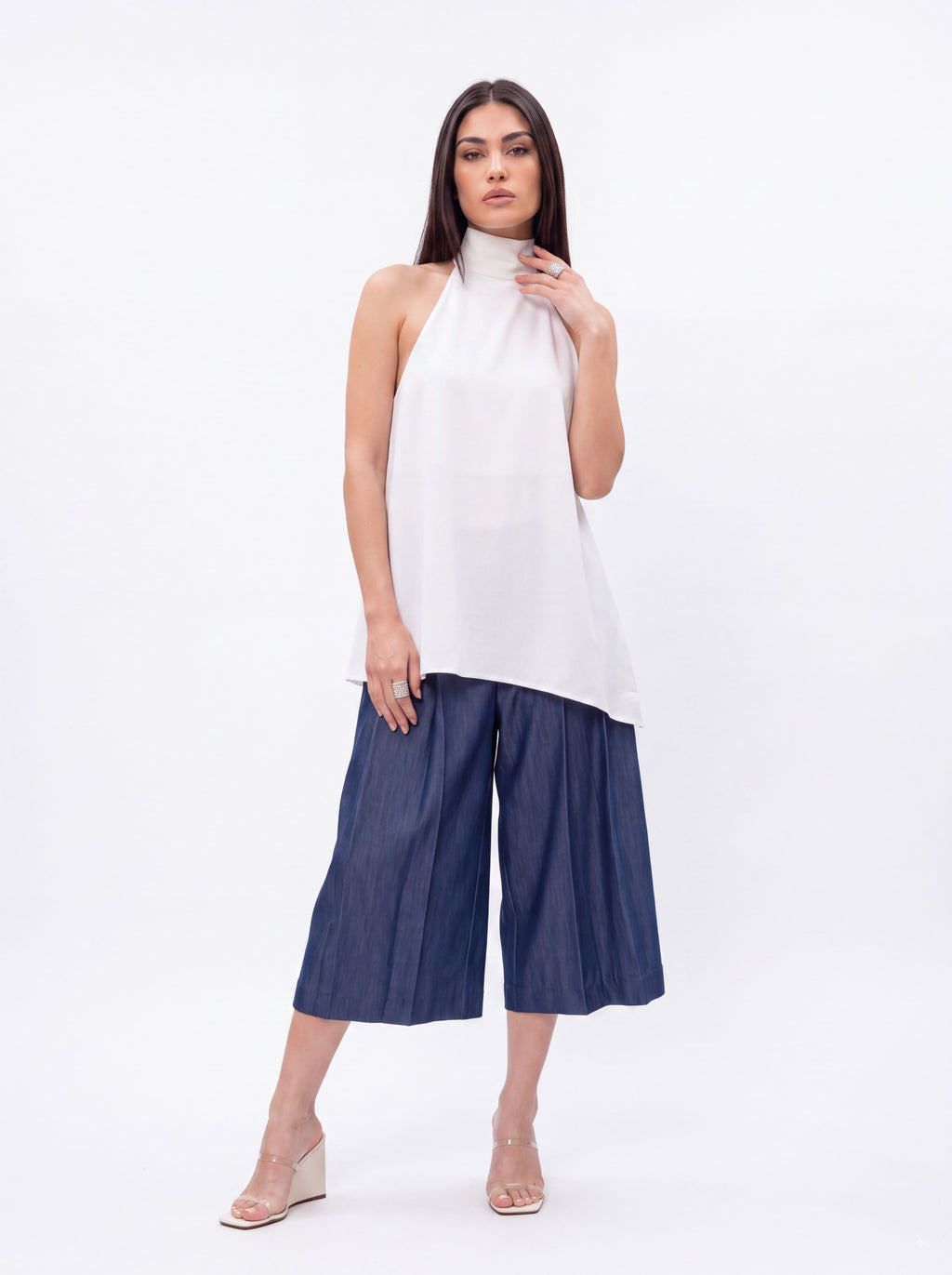 Women's White Halter Top & Blue Wide-Leg Culotte Pair Collection | Premium European Women's Pair
