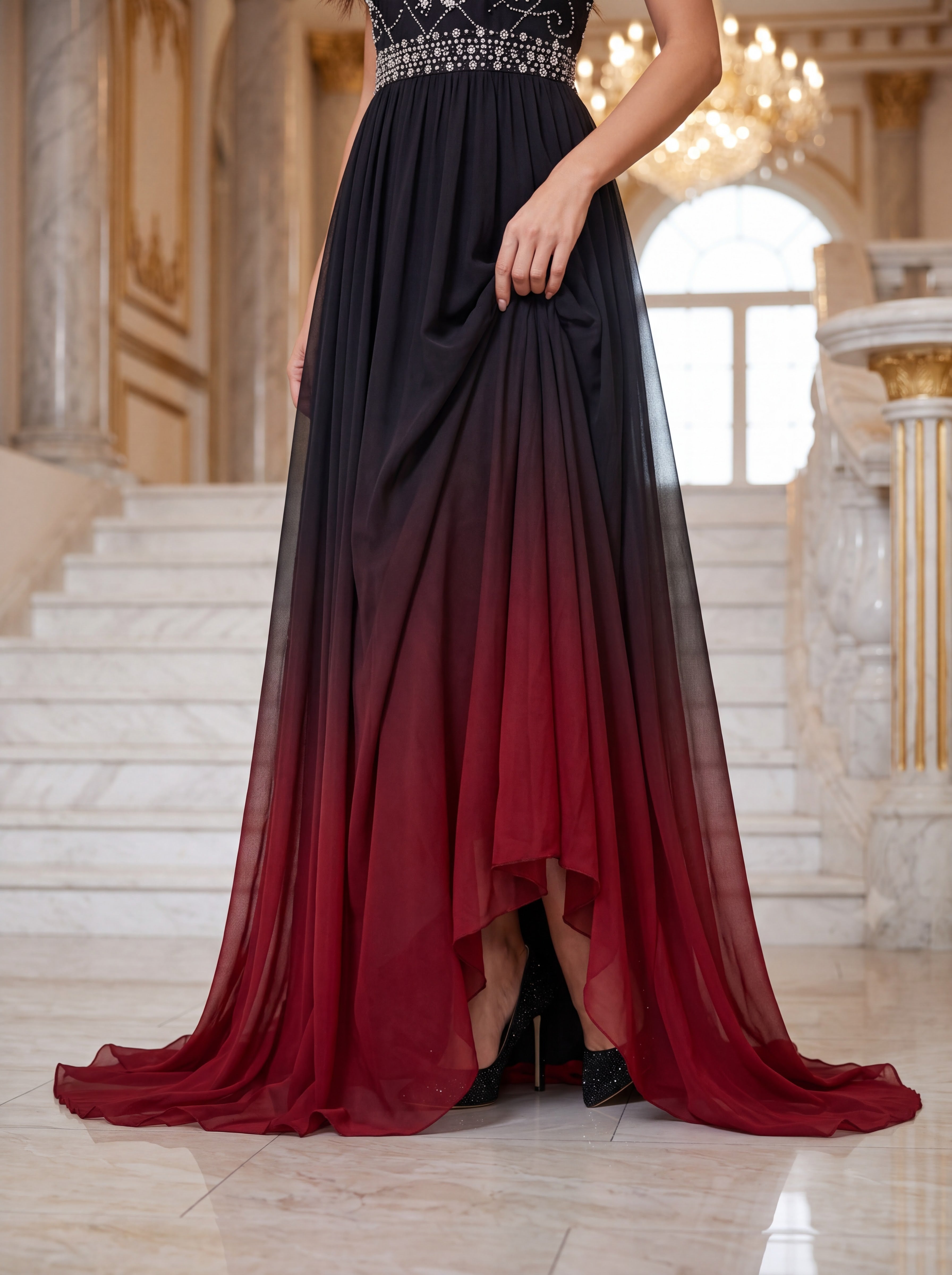 Ombre Embellished Chiffon Evening Gown