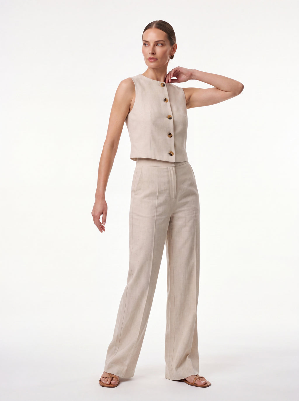 Women's Beige Sleeveless Button Front Top | Minimalist Elegant Vest