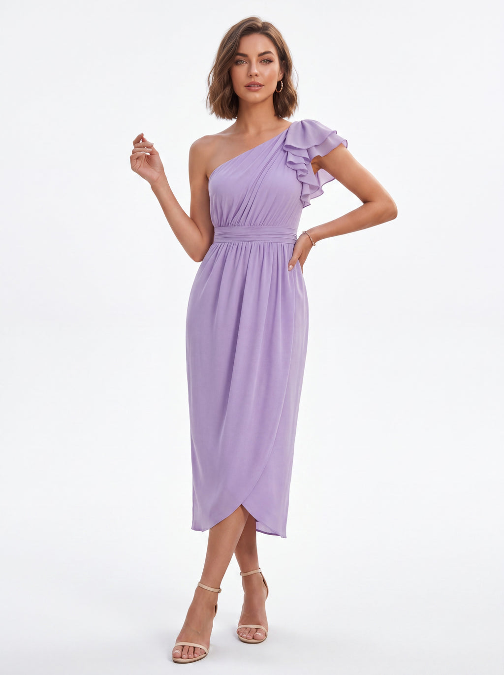Lilac One Shoulder Ruffle Midi Dress