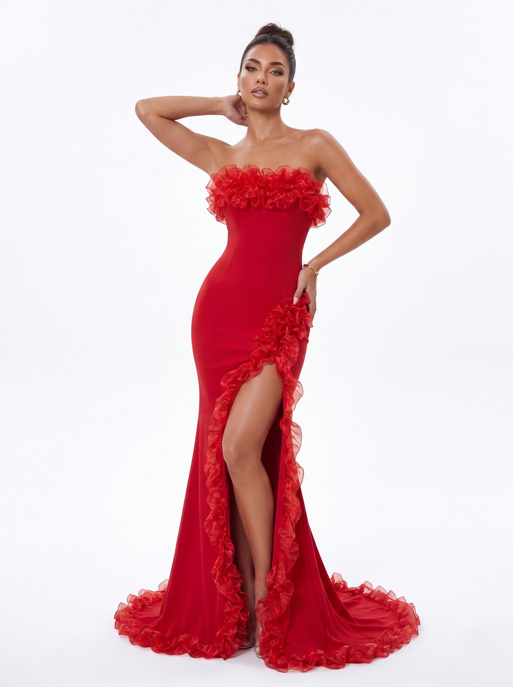 Red Strapless Ruffle Mermaid Evening Gown