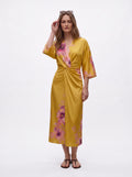 Women's Floral Satin Twist Waist Midi Dress – Mustard Yellow