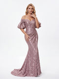 Rose Gold Off-Shoulder Metallic Mermaid Evening Gown