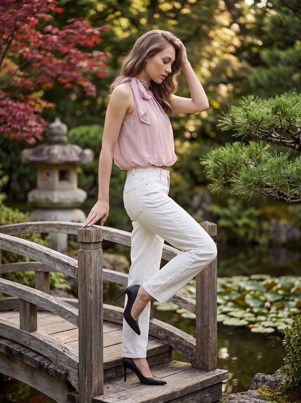 Women's Blush Pink Bow Neck Sleeveless Top | Premium European Women's Elegant Blouse