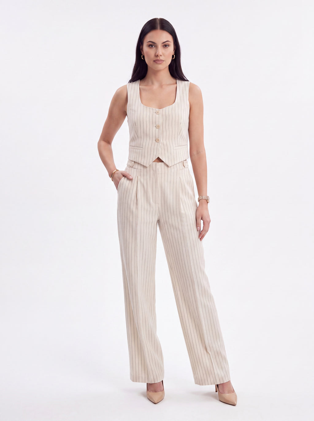Women's Beige Pinstripe High-Waisted Wide Leg Tailored Trousers – Premium European Formal Pants