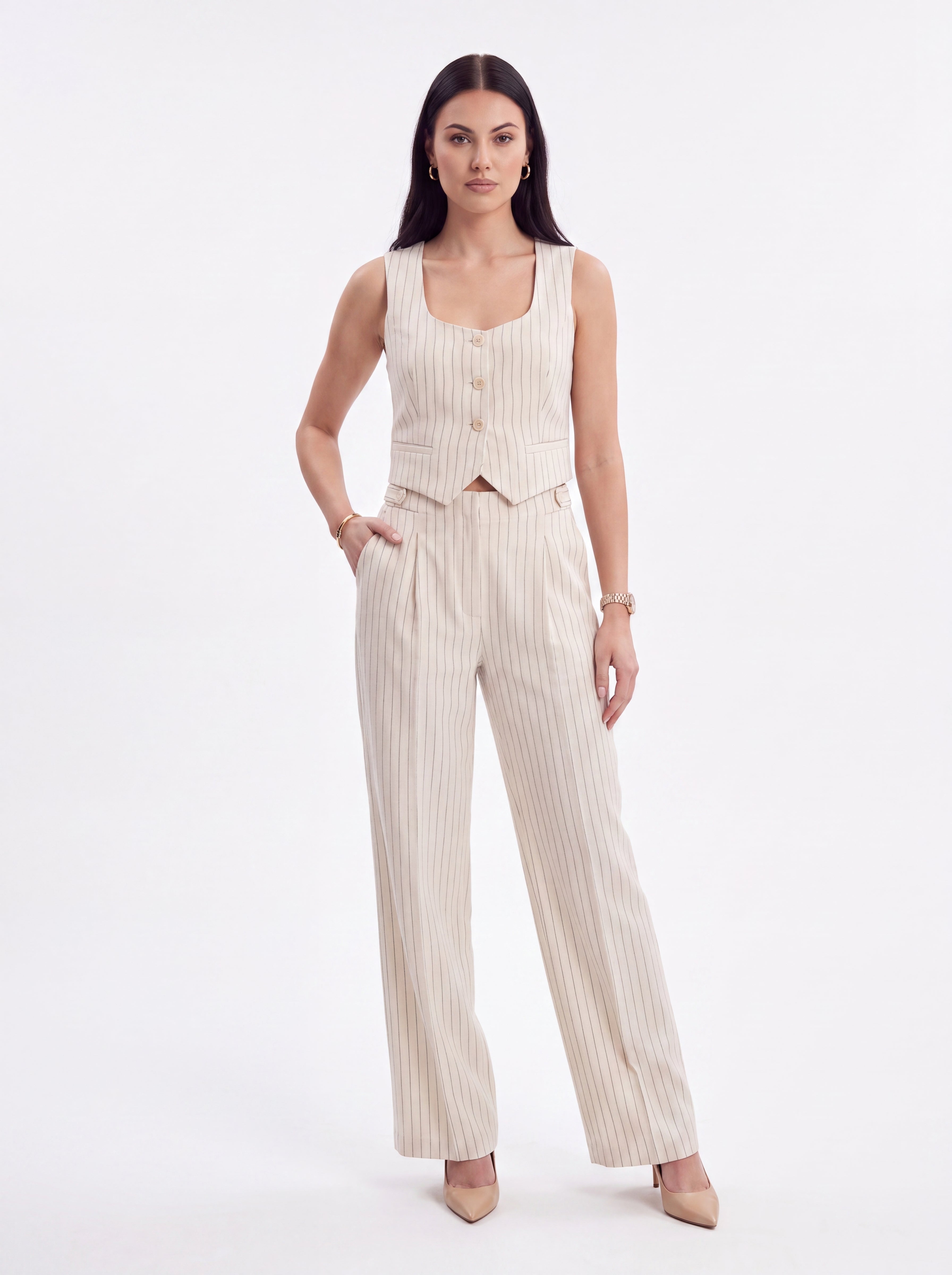 Women's Beige Pinstripe High-Waisted Wide Leg Tailored Trousers – Premium European Formal Pants