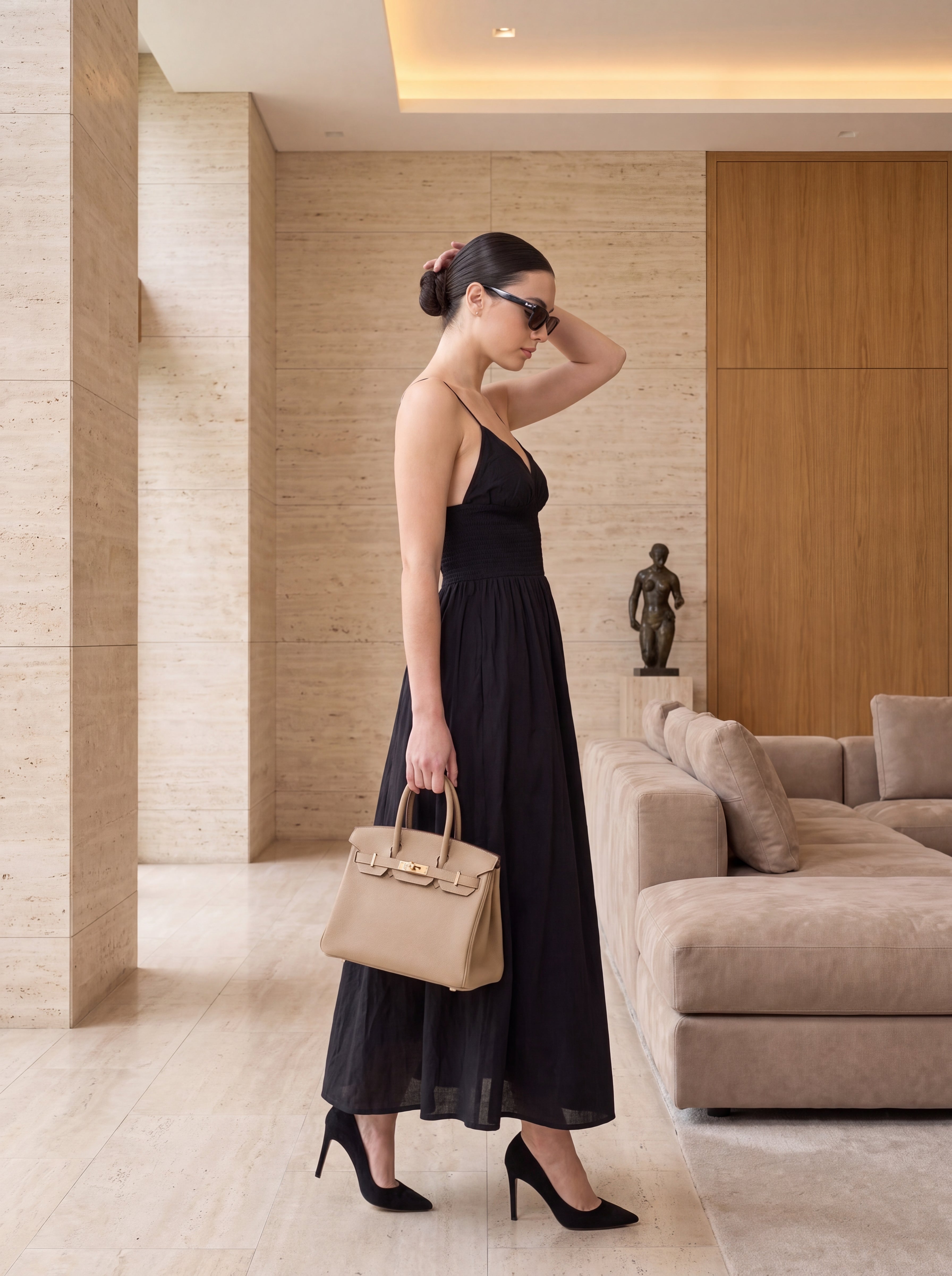 Women's Black Smocked Waist Maxi Dress – Elegant Sleeveless Cotton Midi Dress