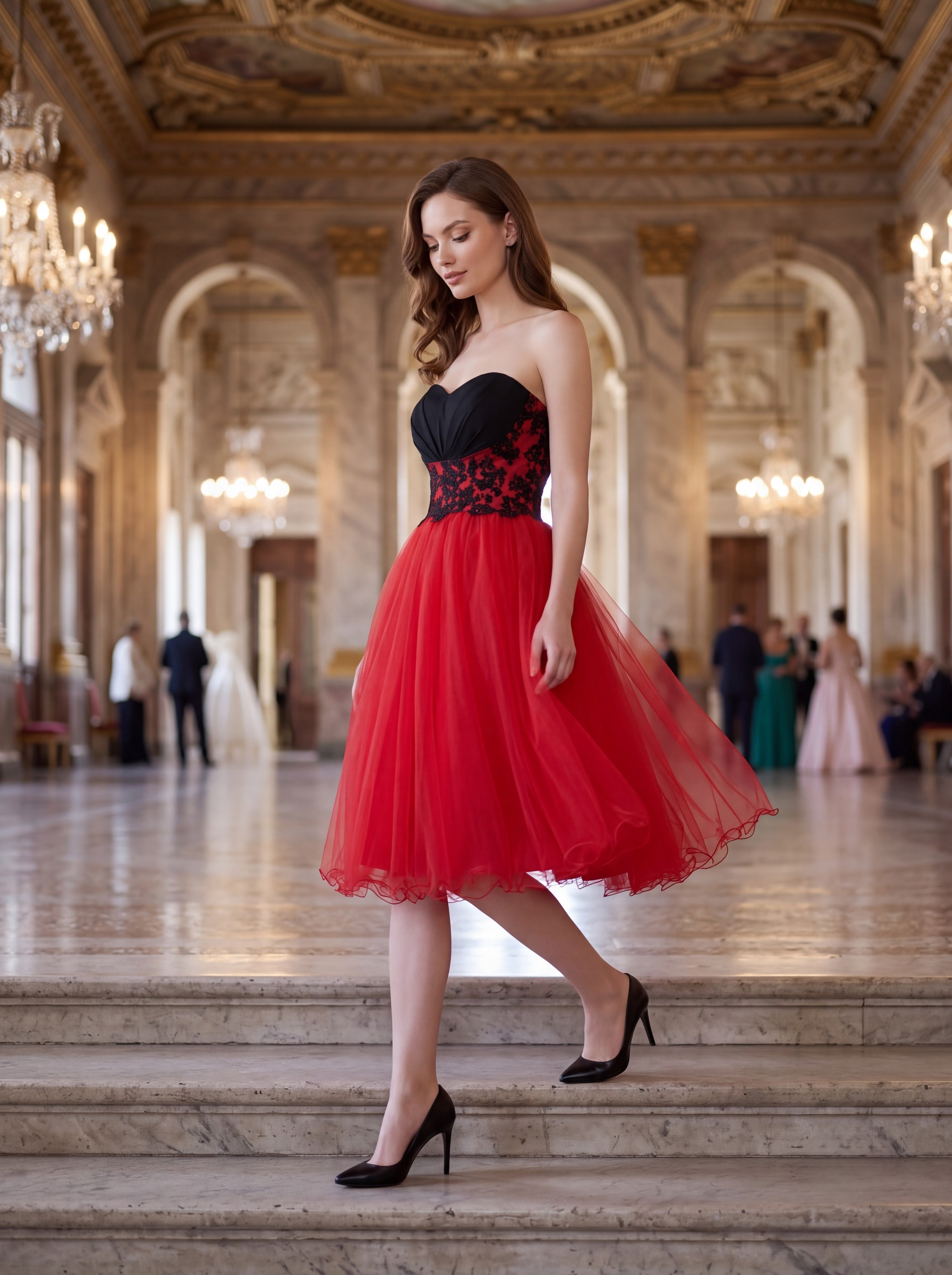 Red & Black Strapless Lace Tulle Midi Dress