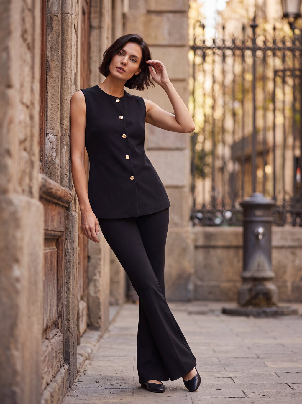 Women's Black Sleeveless Button Detail Top | Elegant Tailored Vest Blouse