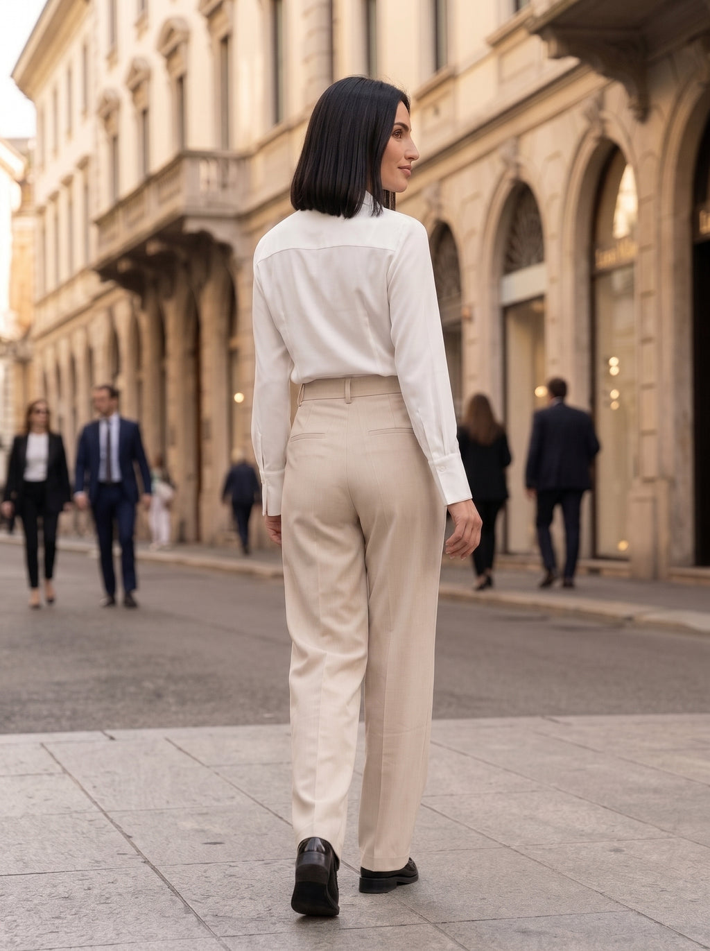 Women's Beige High-Waisted Wide-Leg Tailored Trousers – Premium European Formal Office Pants