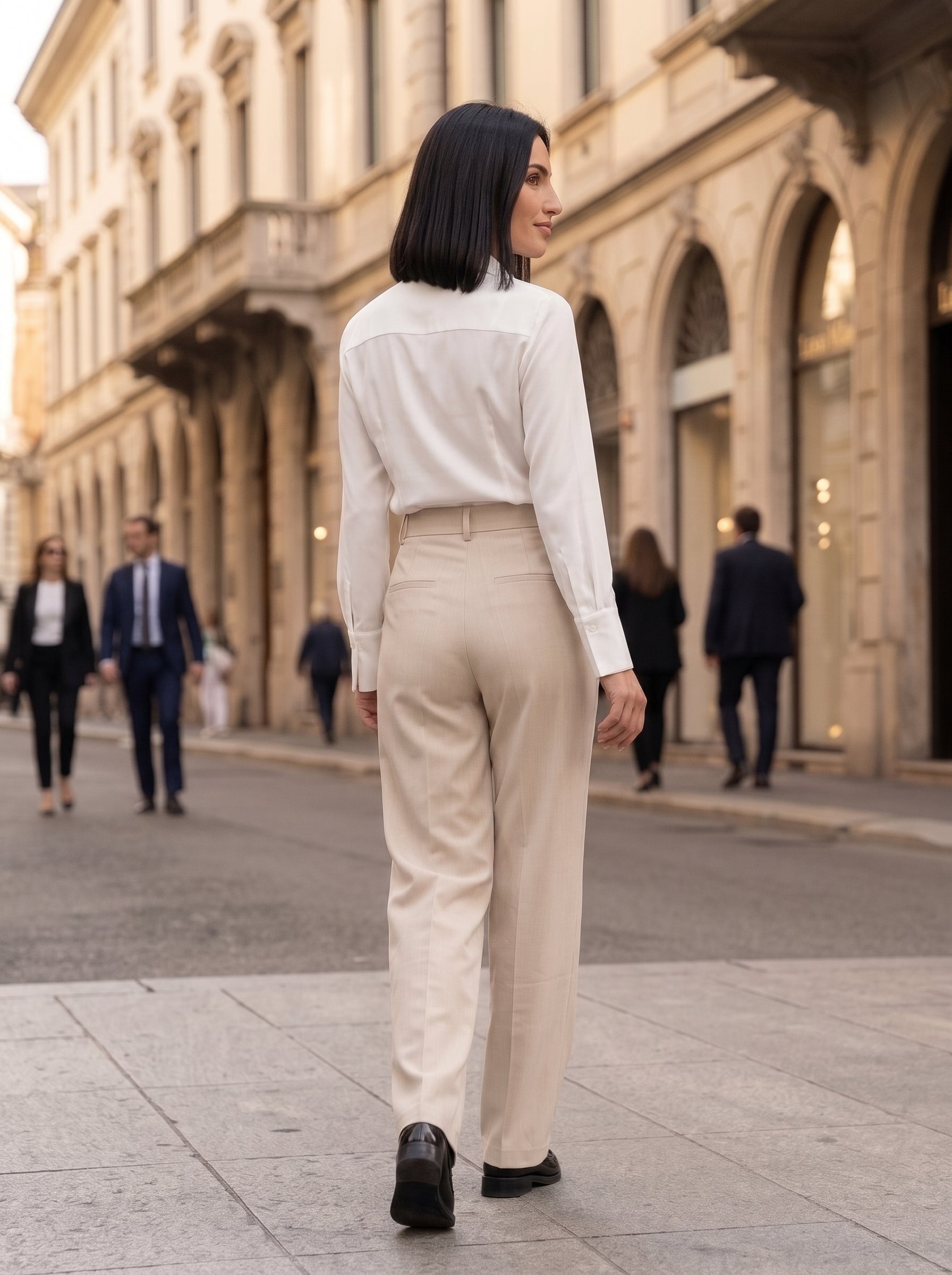 Women's Beige High-Waisted Wide-Leg Tailored Trousers – Premium European Formal Office Pants