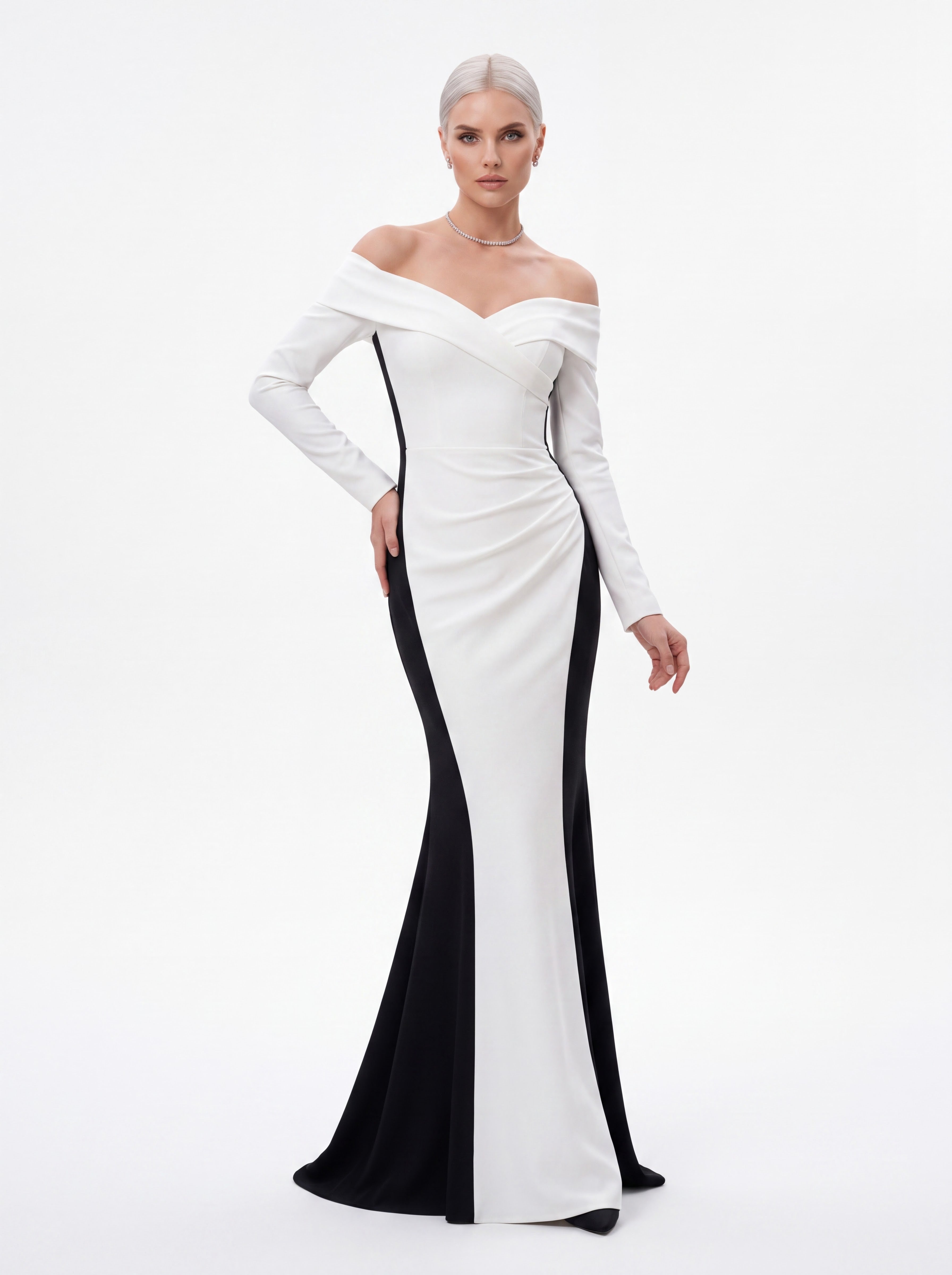 White & Black Off-Shoulder Mermaid Evening Gown