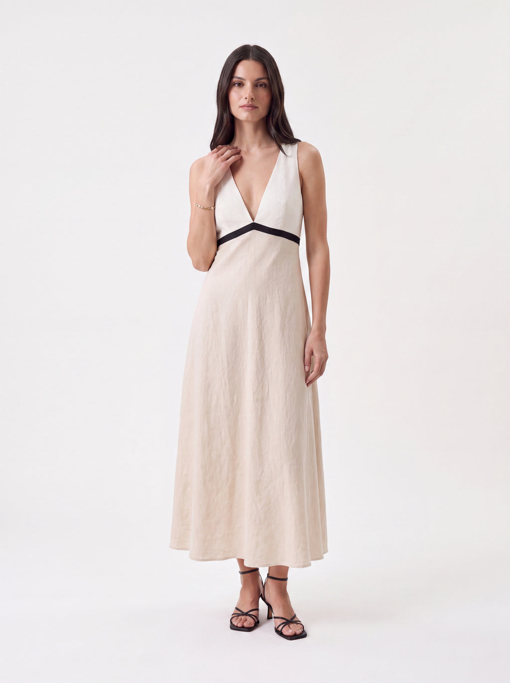 Women's Sleeveless Deep V-Neck Linen Blend Maxi Dress – Ivory