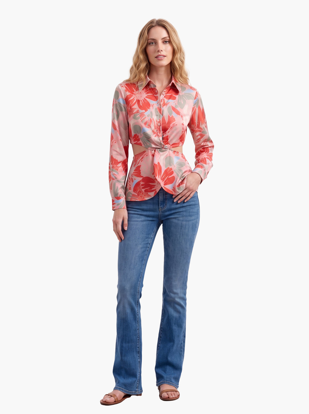 Women's Floral Twist-Waist Shirt | Premium European Long Sleeve Satin Blouse