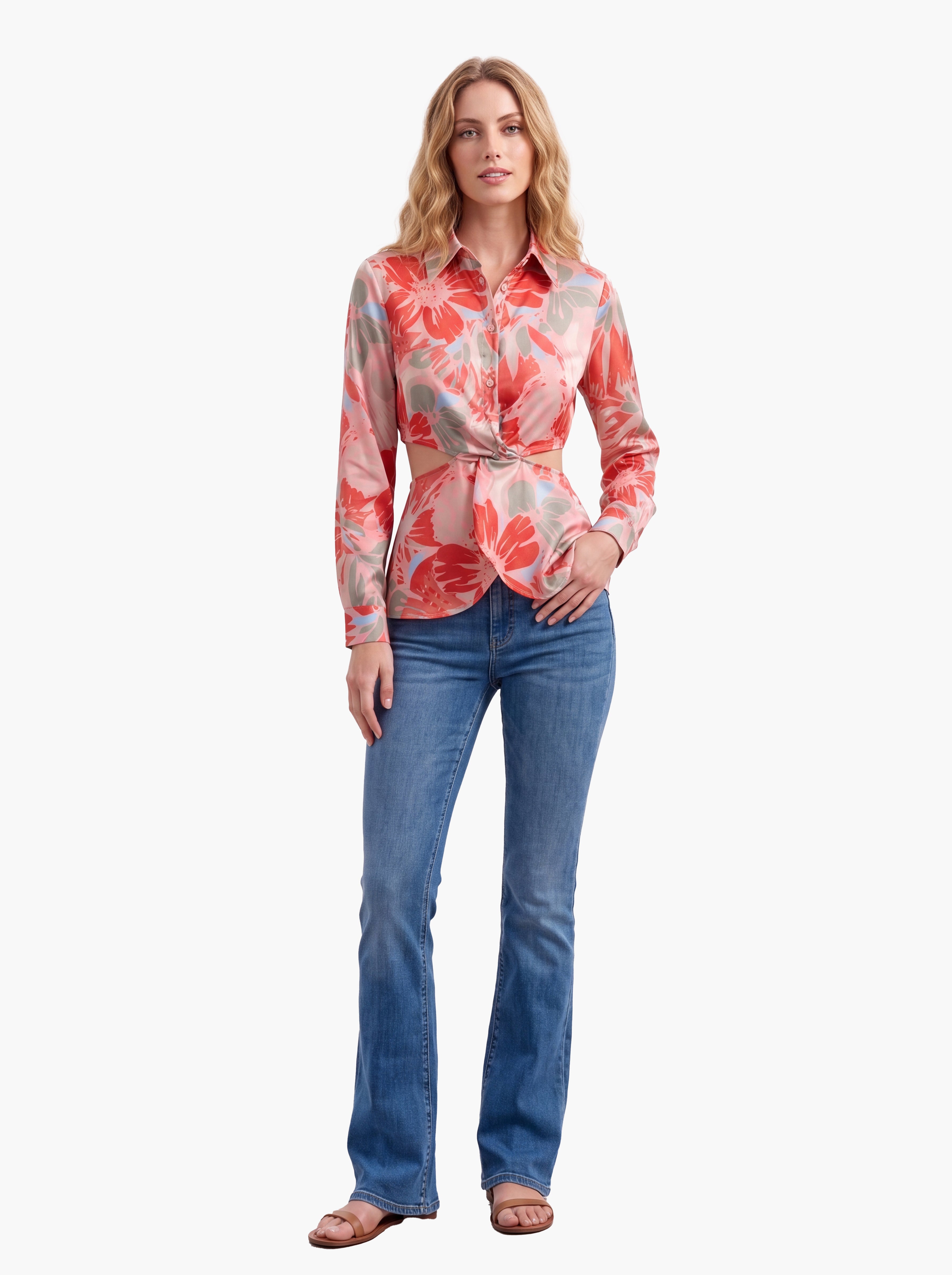 Women's Floral Twist-Waist Shirt | Premium European Long Sleeve Satin Blouse