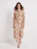 Women's Beige Plaid Tie-Neck Wrap Top | Elegant Long Sleeve top