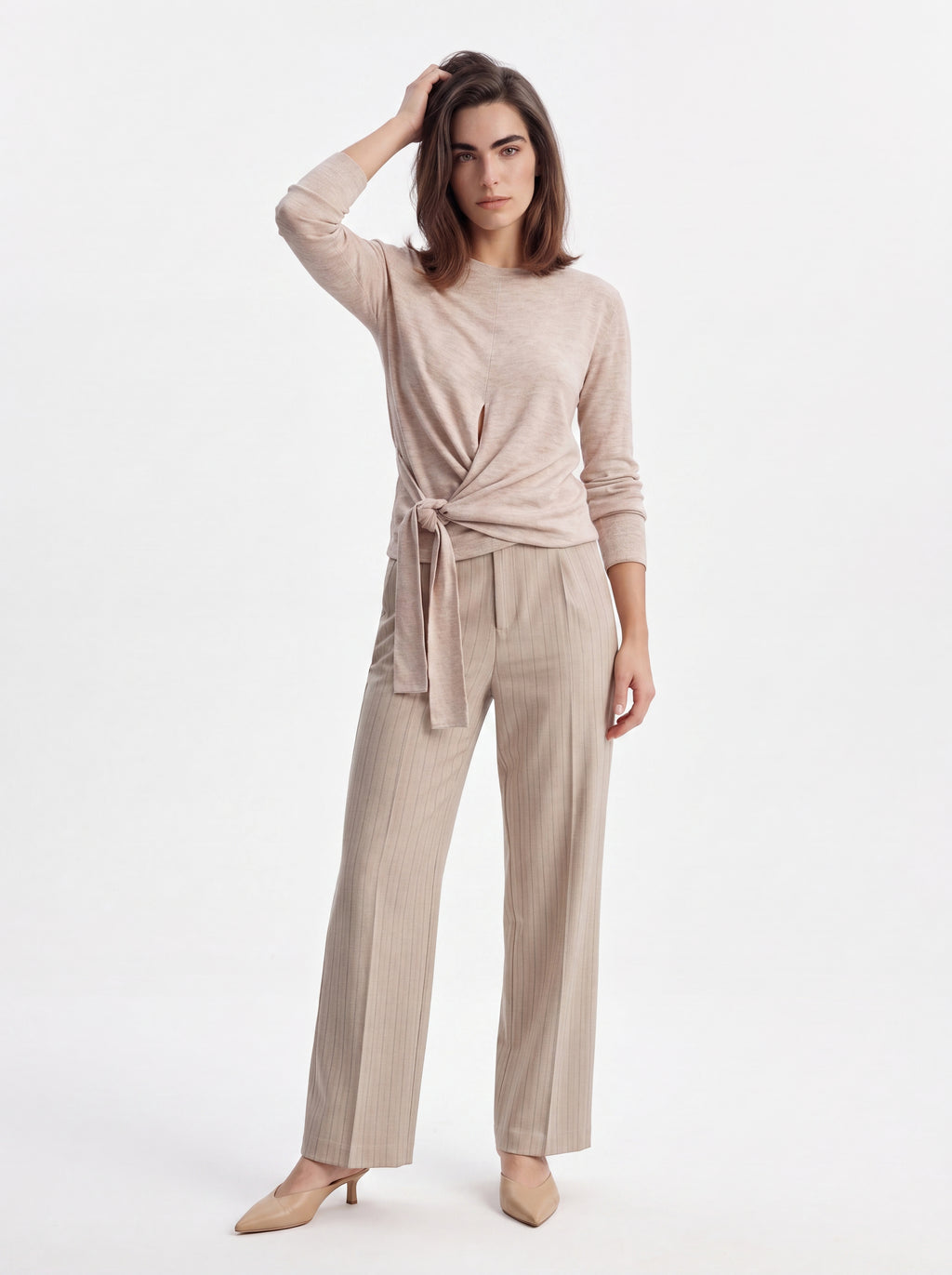 Women's Beige Tie-Front Knit Top – Elegant Long Sleeve European Wrap Style Top