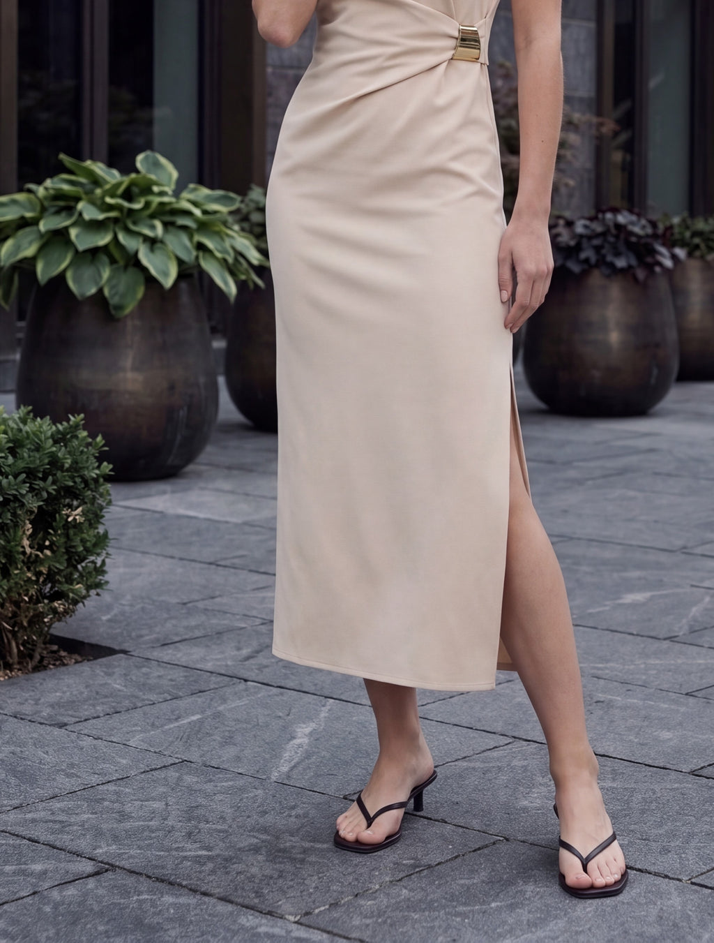 Women's Beige Sleeveless Buckle Detail Midi Dress – Elegant Bodycon Occasion Dress