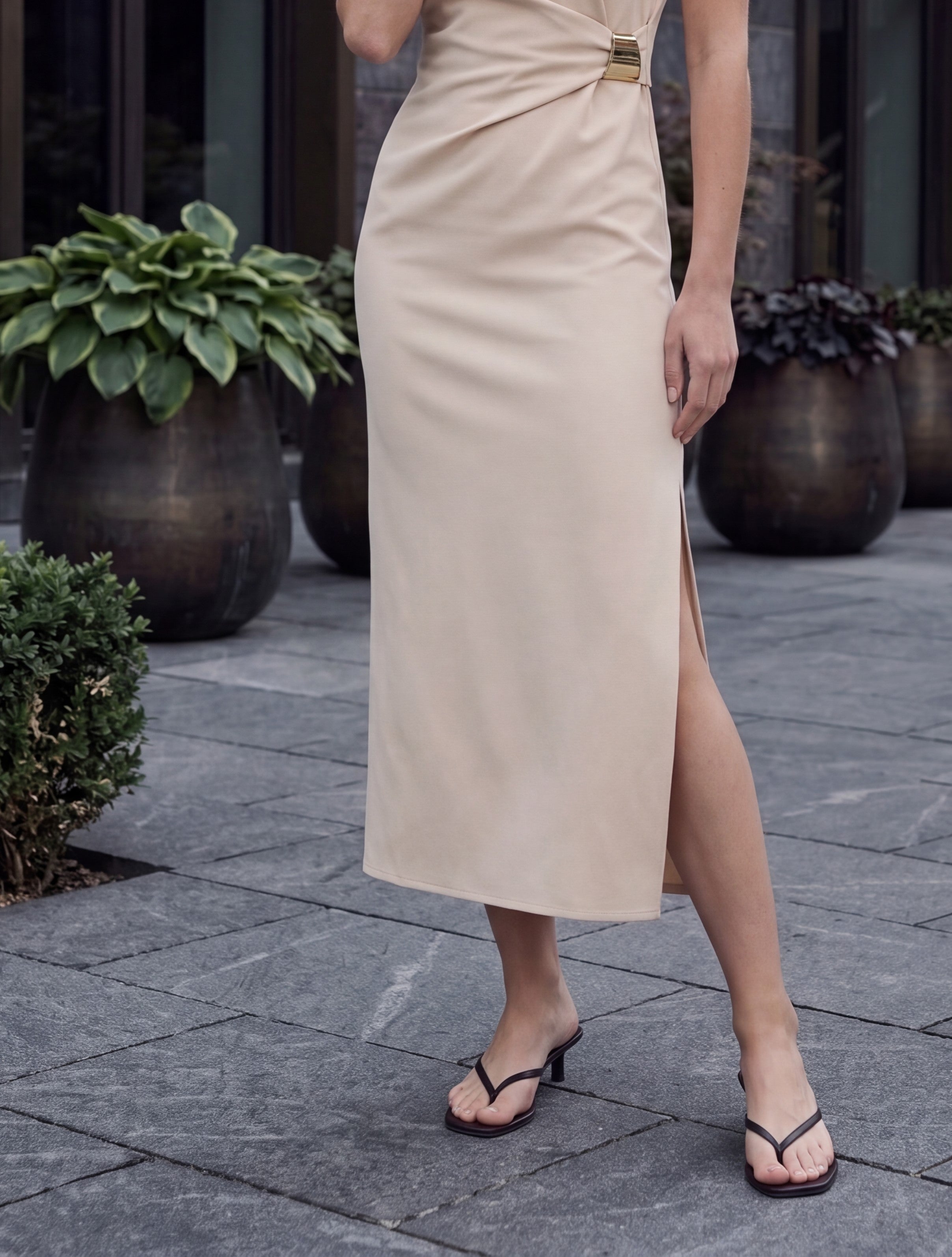 Women's Beige Sleeveless Buckle Detail Midi Dress – Elegant Bodycon Occasion Dress