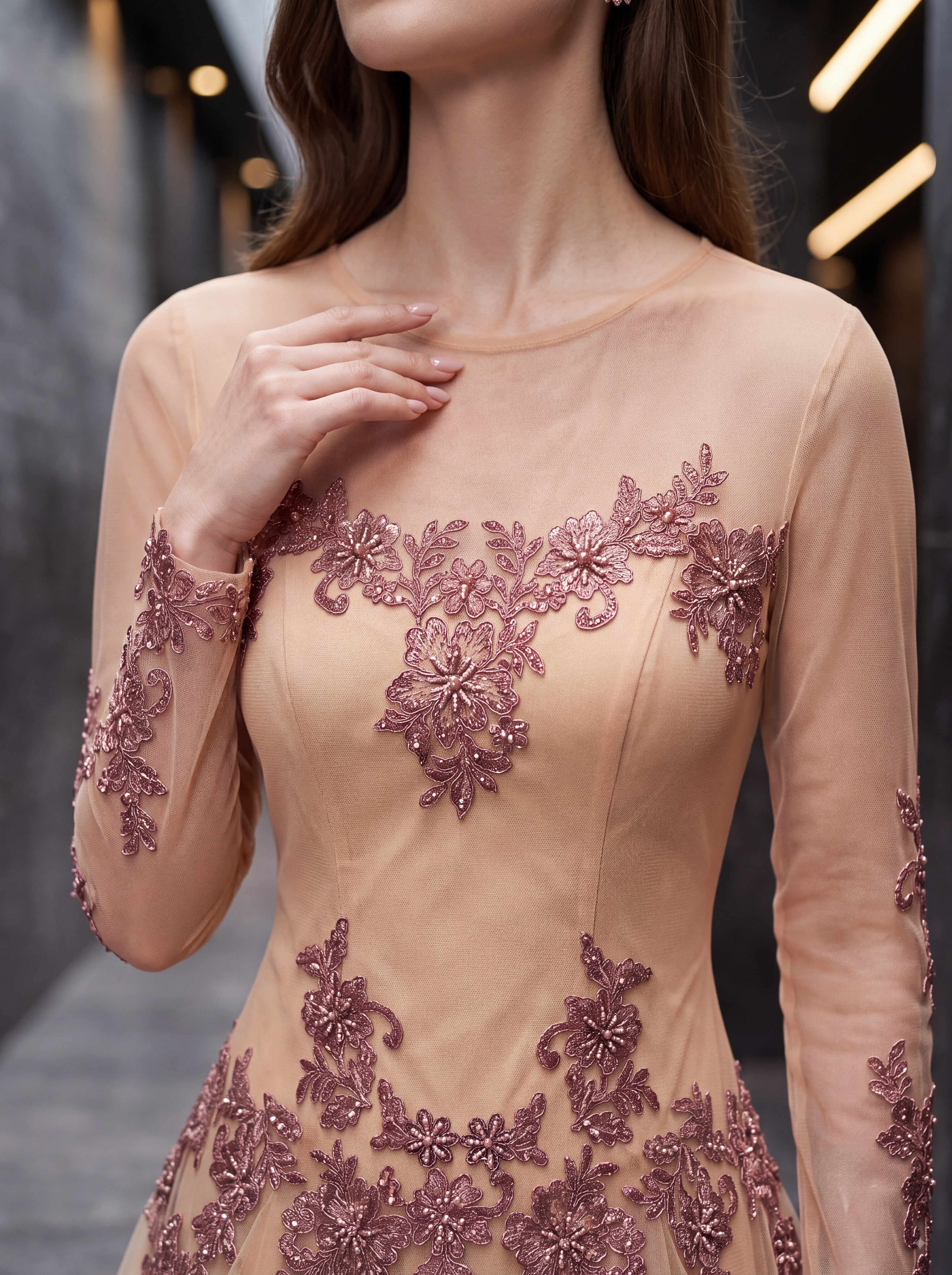 Blush Peach Embroidered Tulle Mini Dress