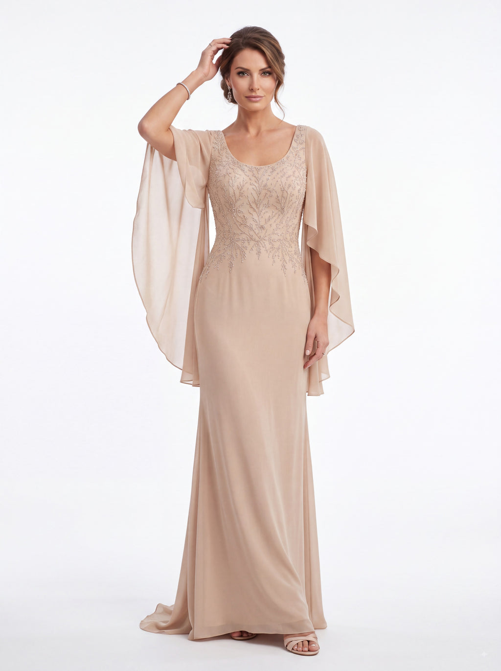 Champagne Embellished Cape Sleeve Evening Gown