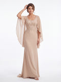 Champagne Embellished Cape Sleeve Evening Gown