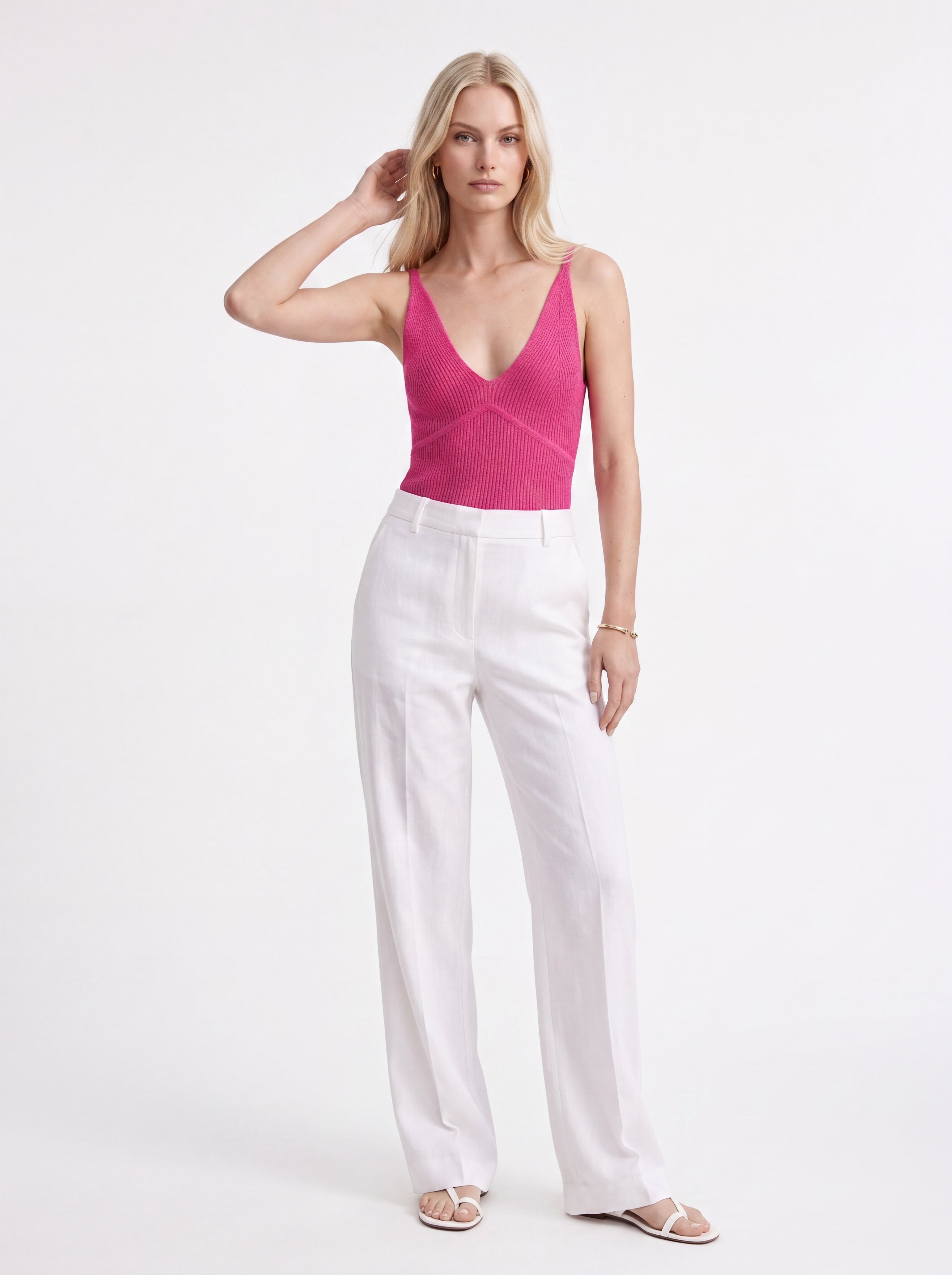 Women's Pink Ribbed Deep V-Neck Knit Cami Top – Elegant European Minimalist Essential