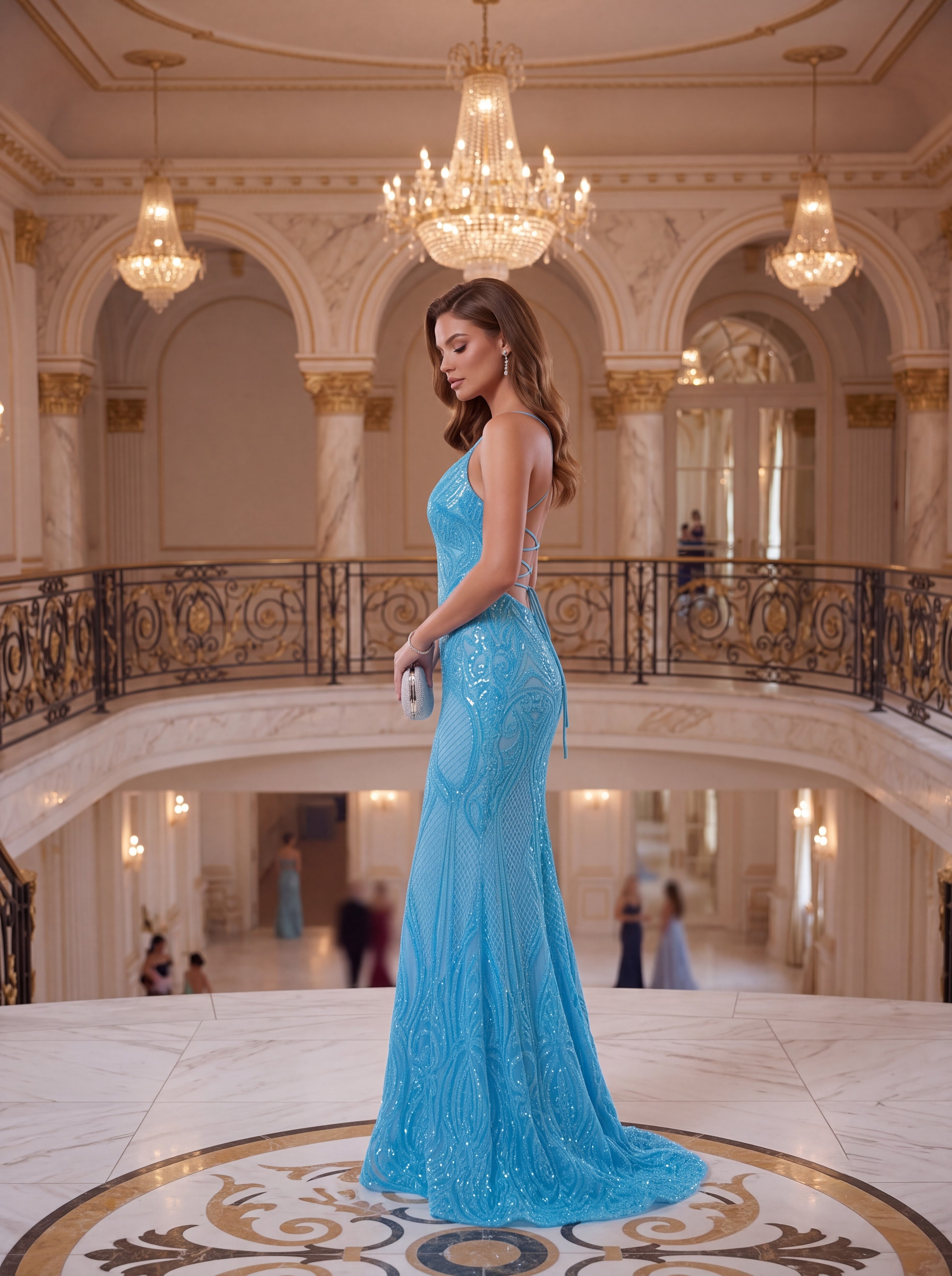 Sky Blue Embellished Mermaid Evening Gown