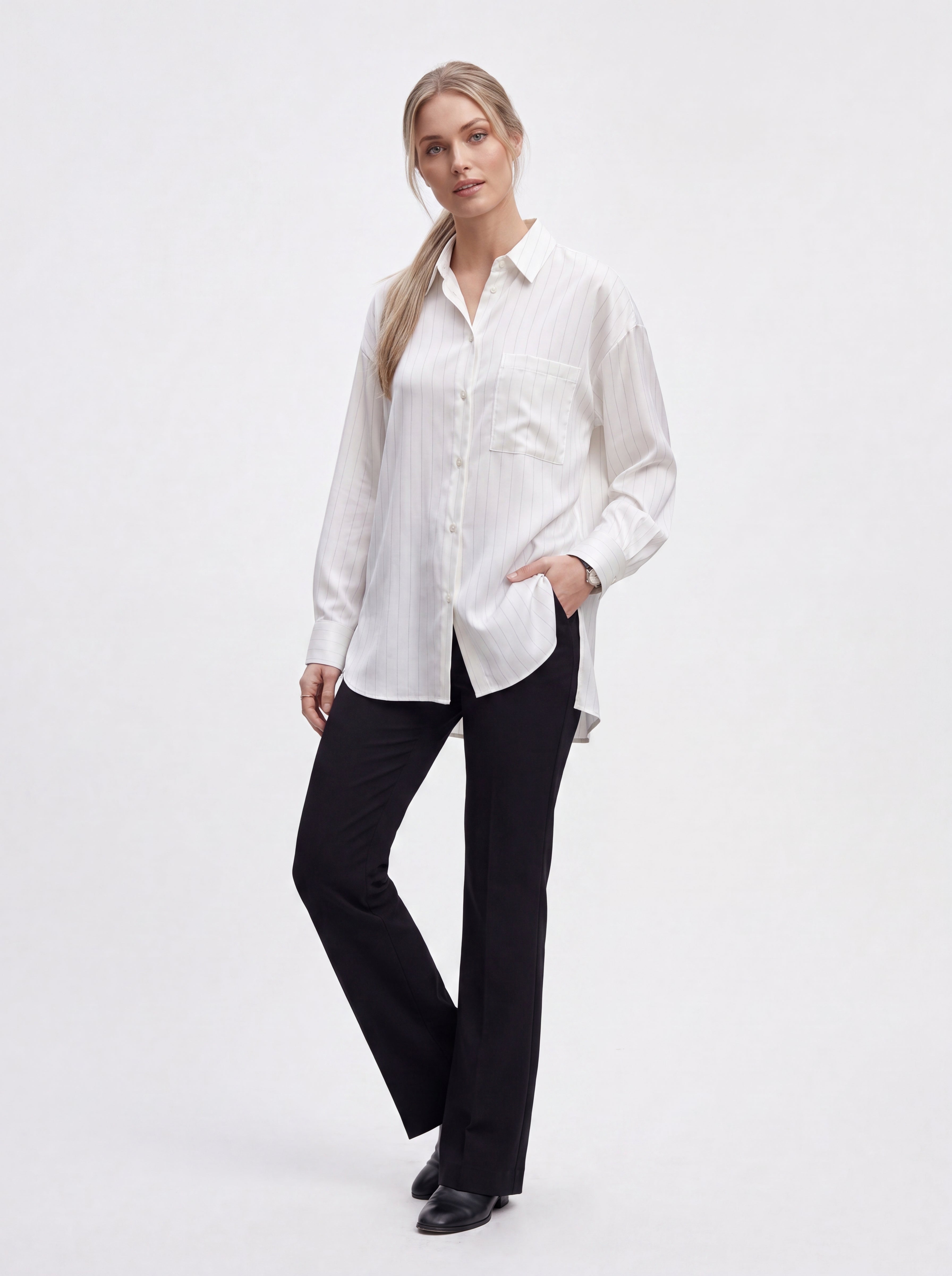 Women's White Pinstripe Oversized Shirt | Classic Relaxed Fit Button-Down Shirt