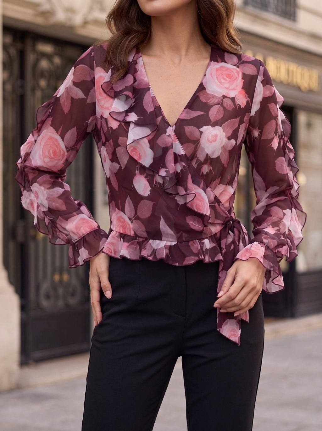 Women's Floral Ruffle Wrap Top | Premium European Sheer Blouse