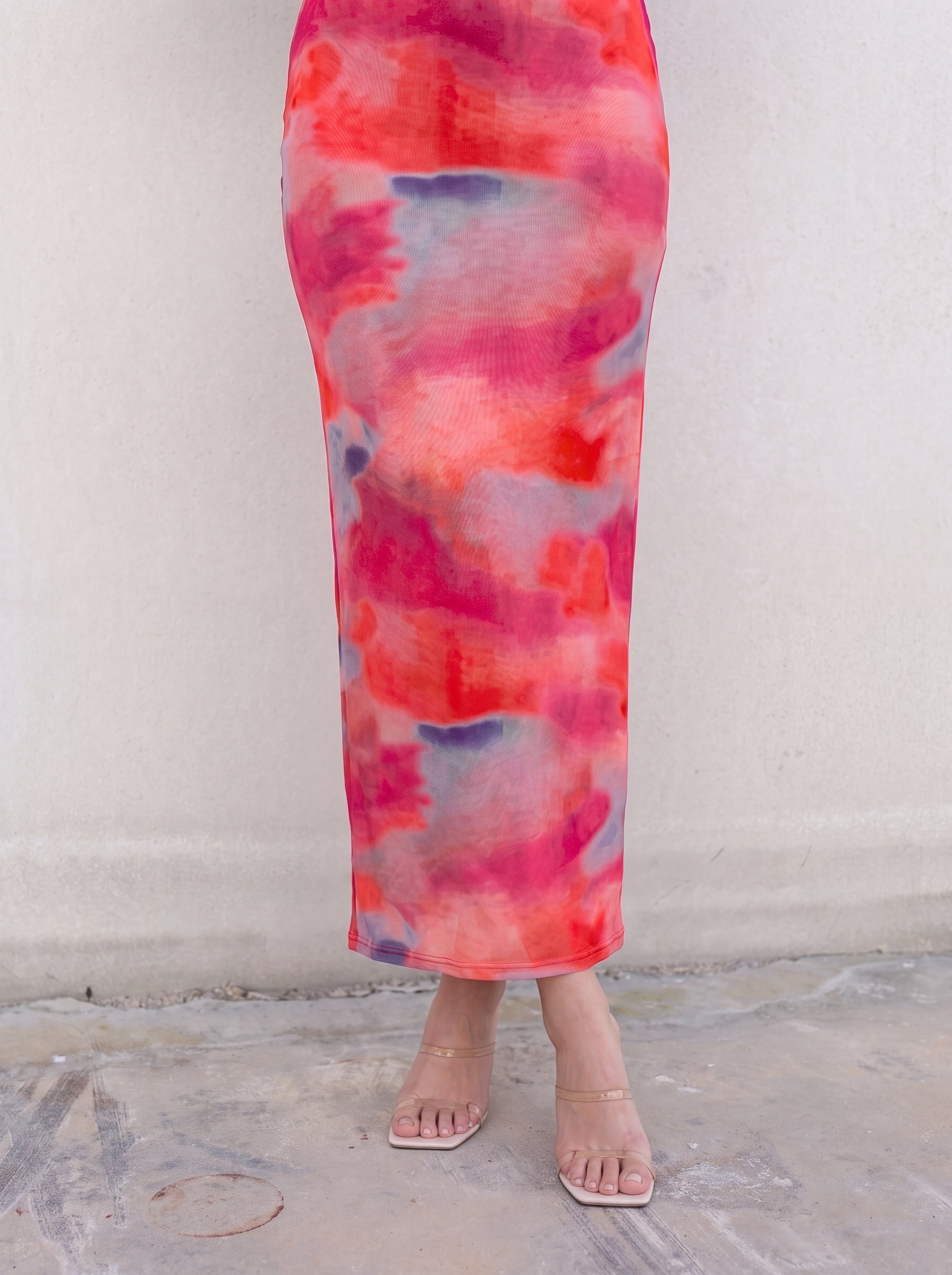 Women's Abstract Print Bodycon Maxi Dress – Pink & Coral