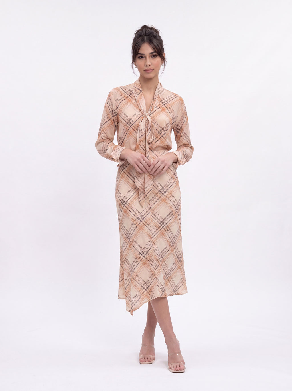 Women's Blush Check Print Tie-Neck Midi Dress