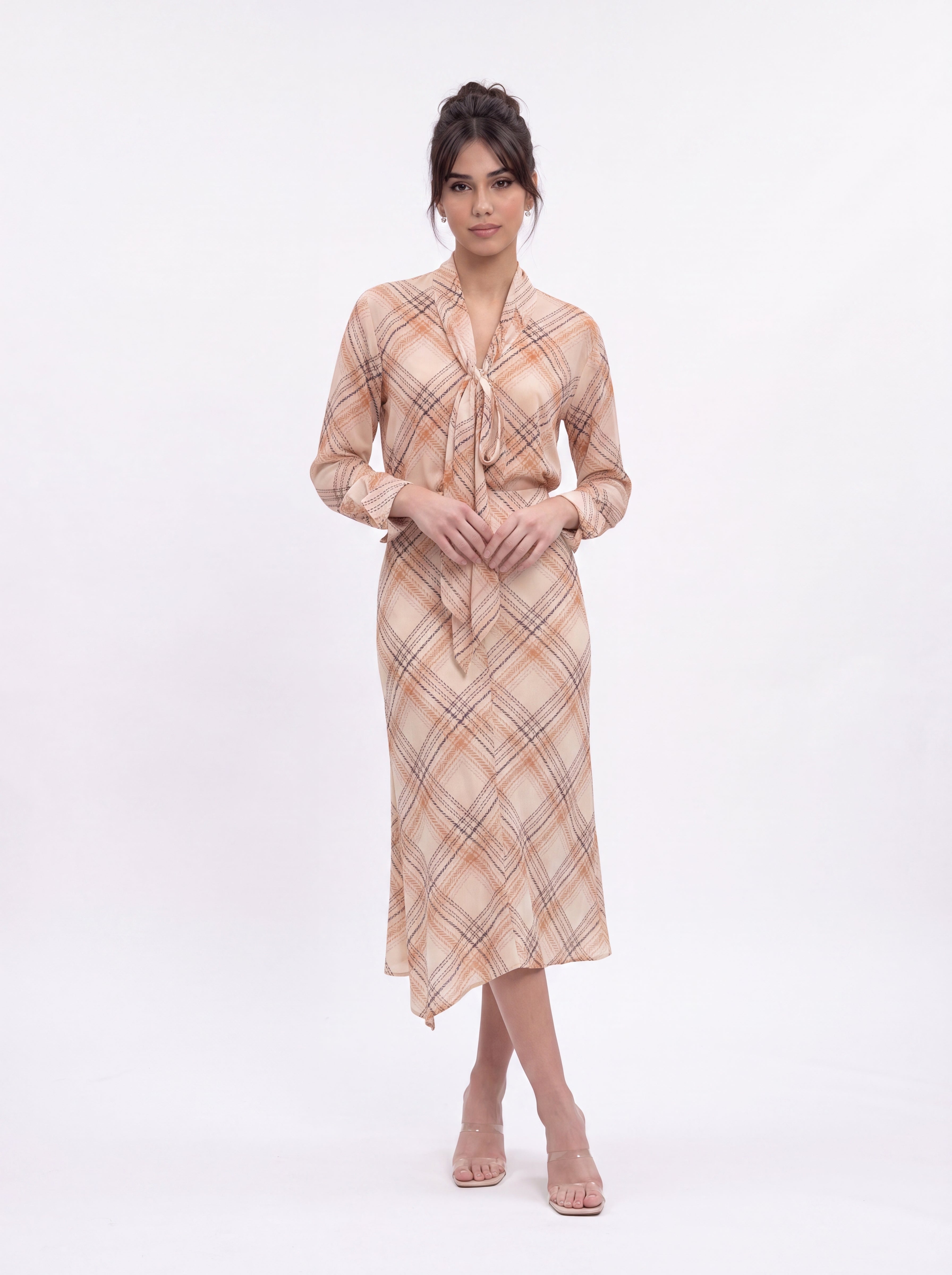Women's Blush Check Print Tie-Neck Midi Dress