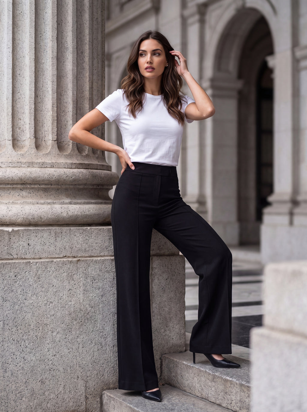 Women's Black High-Waisted Wide Leg Tailored Pants – Premium European Formal Trousers