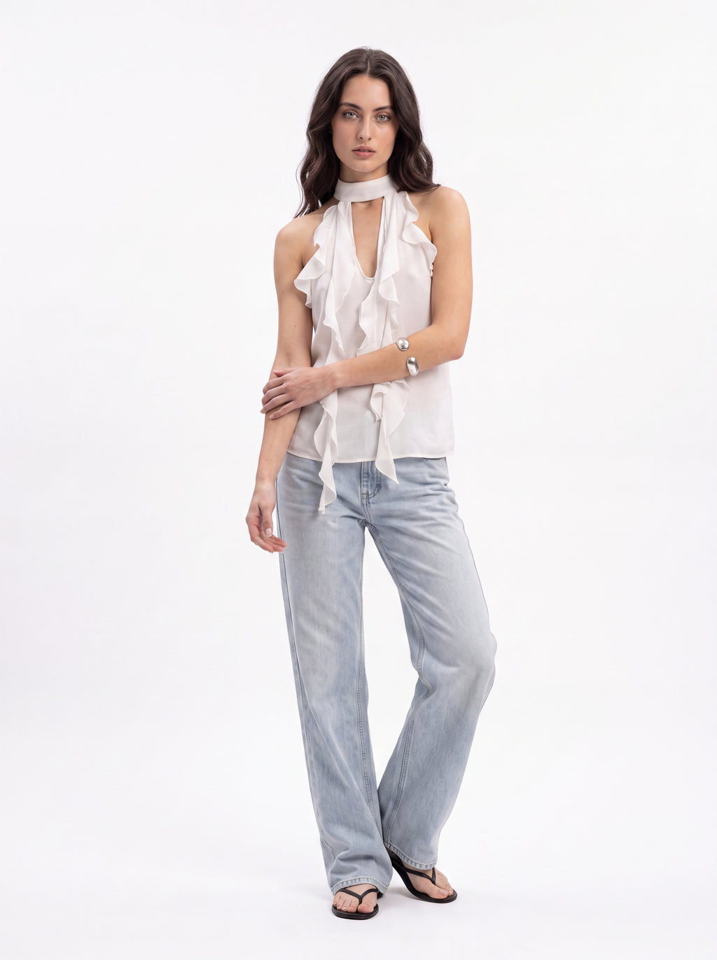 Women's White Ruffle Halter Neck Top | Elegant Sleeveless Chiffon Blouse