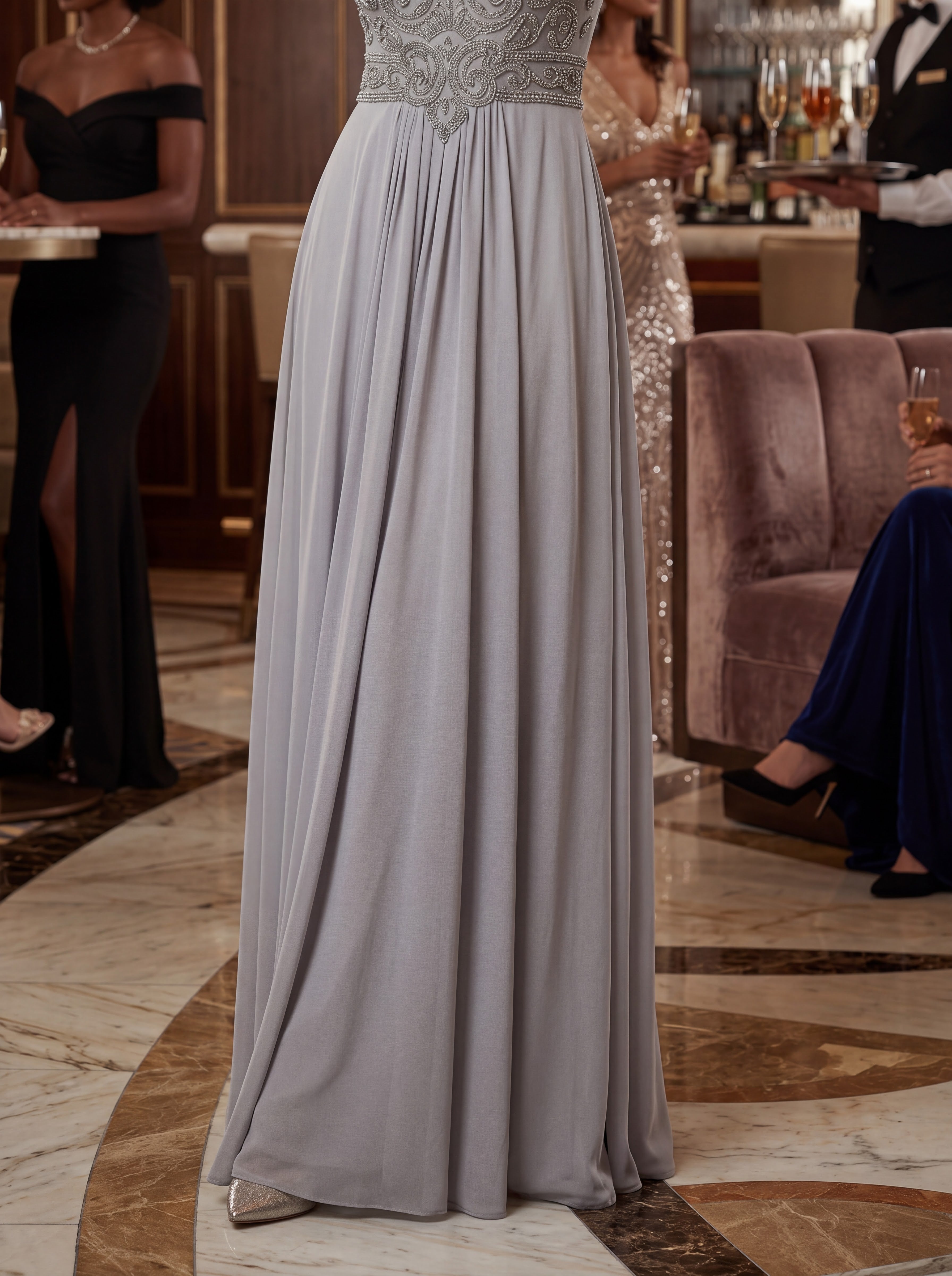 Silver Grey Embroidered Chiffon Maxi Dress