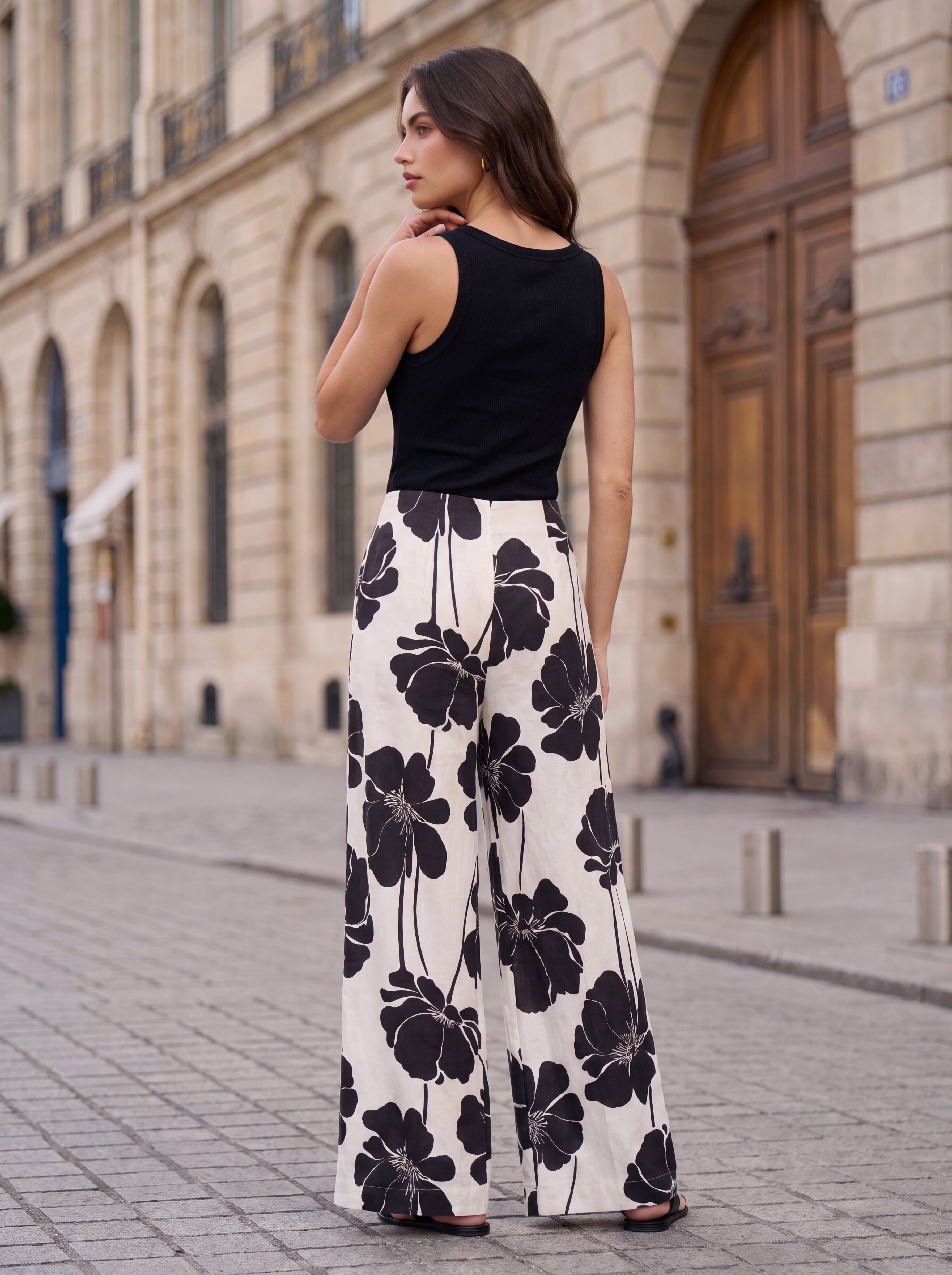 Women's Beige Floral Wide Leg Palazzo Pants – Premium European Resort Wear