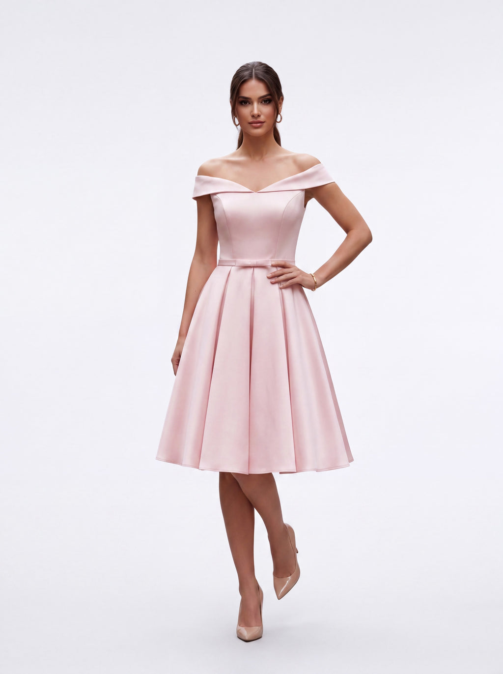 Blush Pink Satin Off-Shoulder Fit & Flare Dress