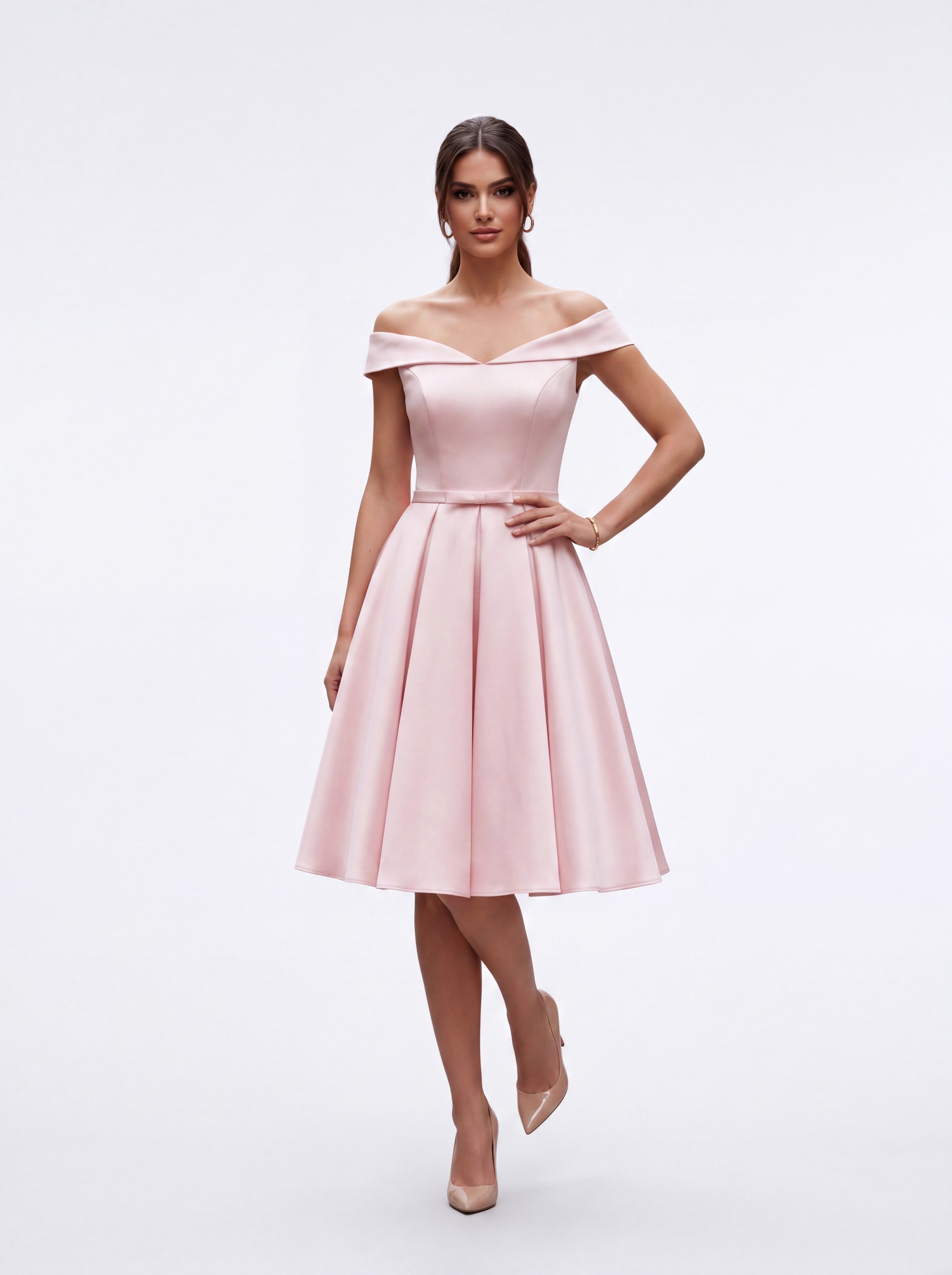 Blush Pink Satin Off-Shoulder Fit & Flare Dress