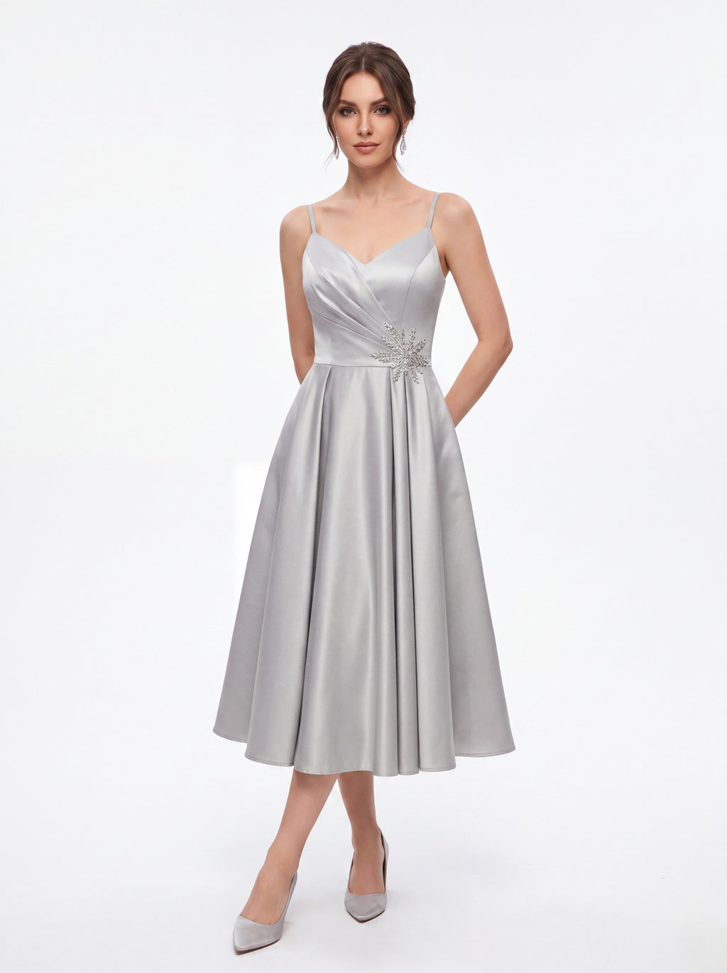 Silver Satin A-Line Midi Dress
