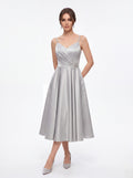 Silver Satin A-Line Midi Dress