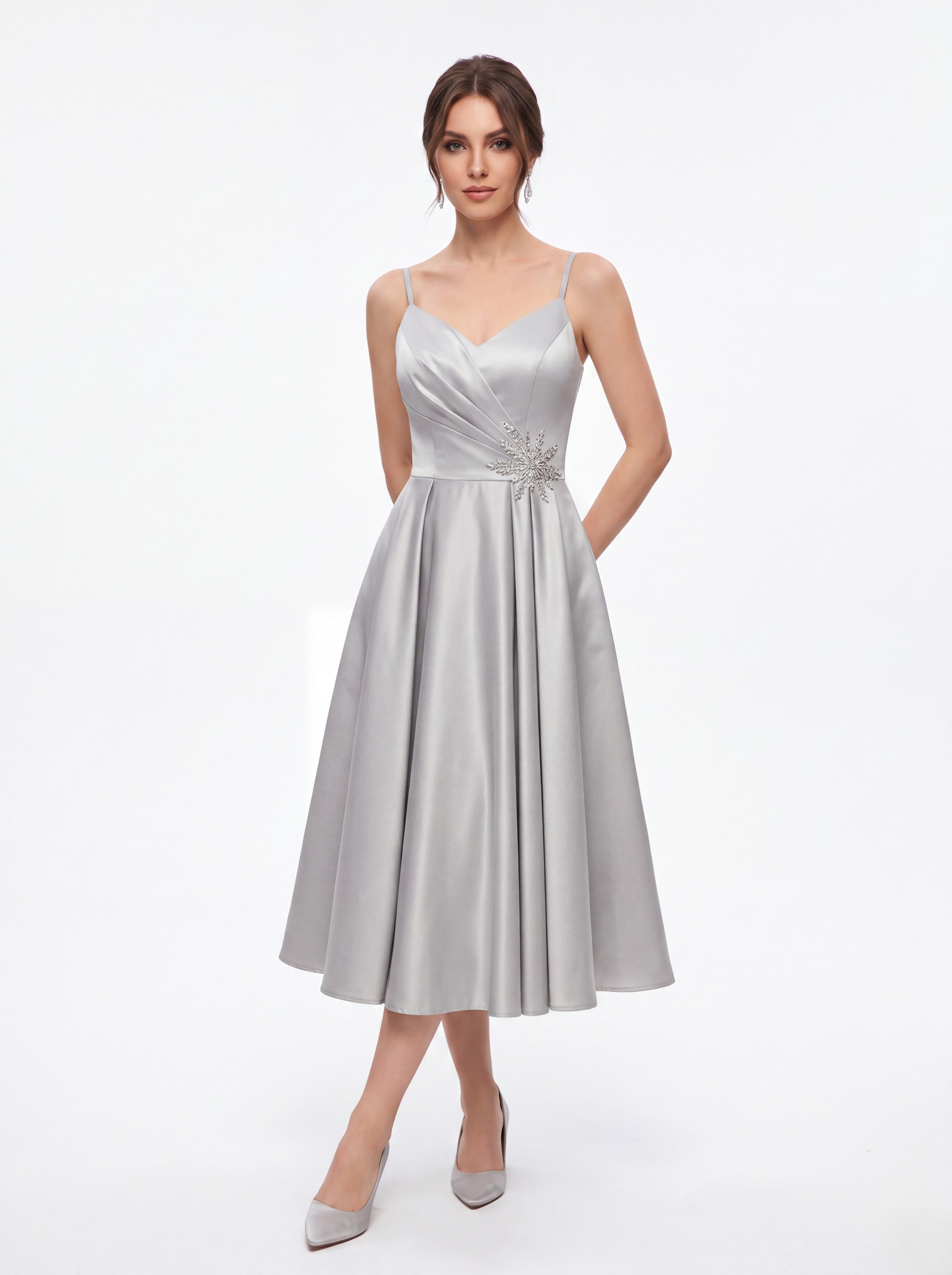 Silver Satin A-Line Midi Dress