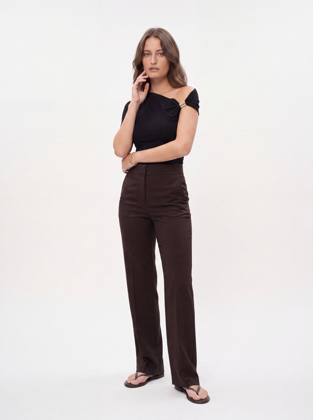 Women's Black One-Shoulder Gold Ring Detail Top – Elegant Asymmetrical Fitted Top