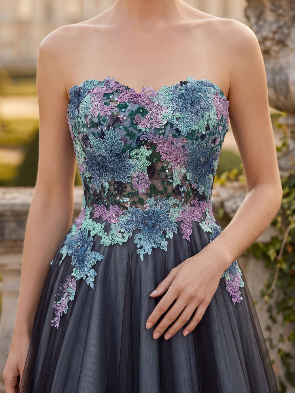 Charcoal Grey Floral Strapless Ball Gown