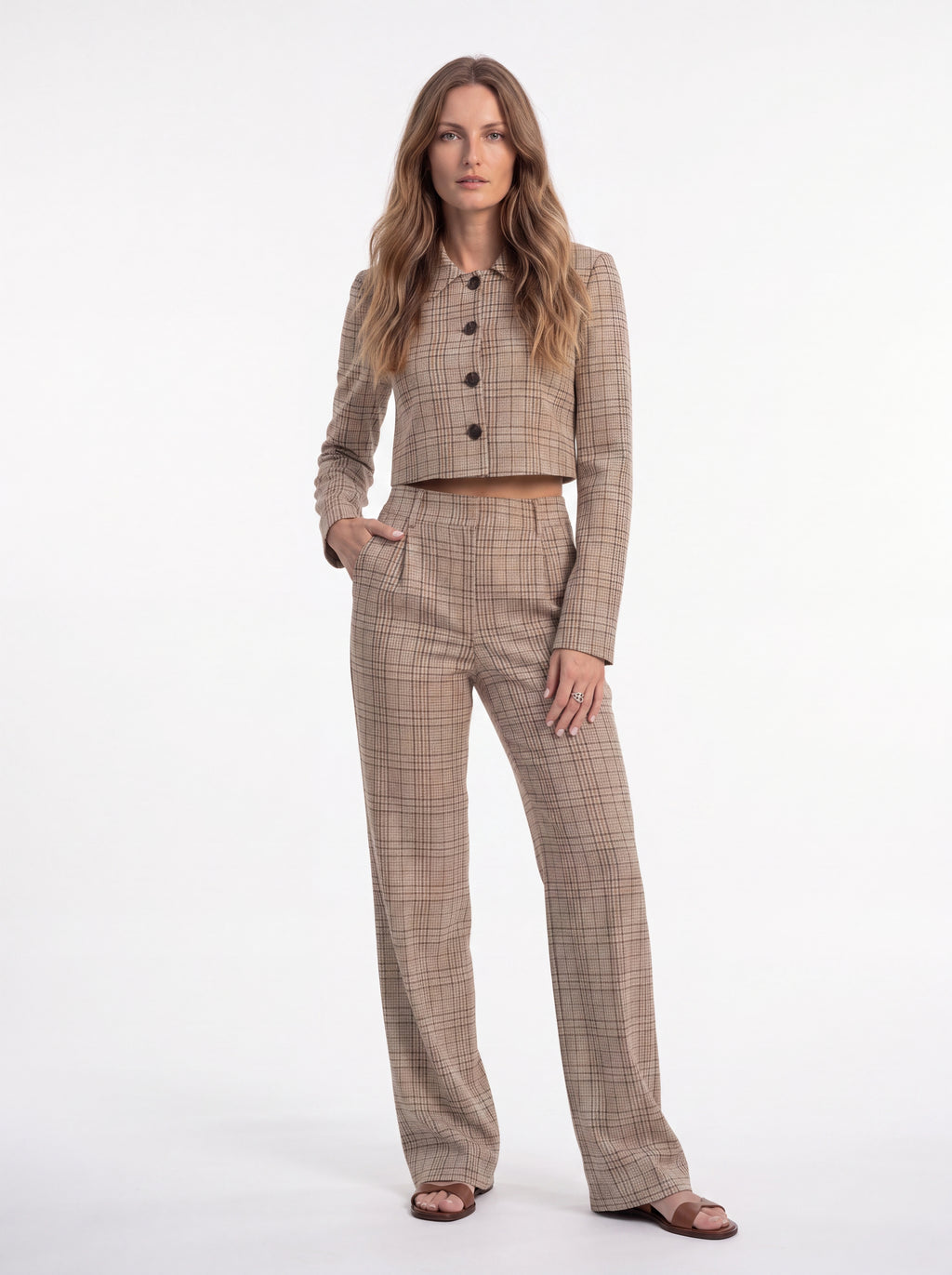 Women's Beige Checkered Cropped Blazer