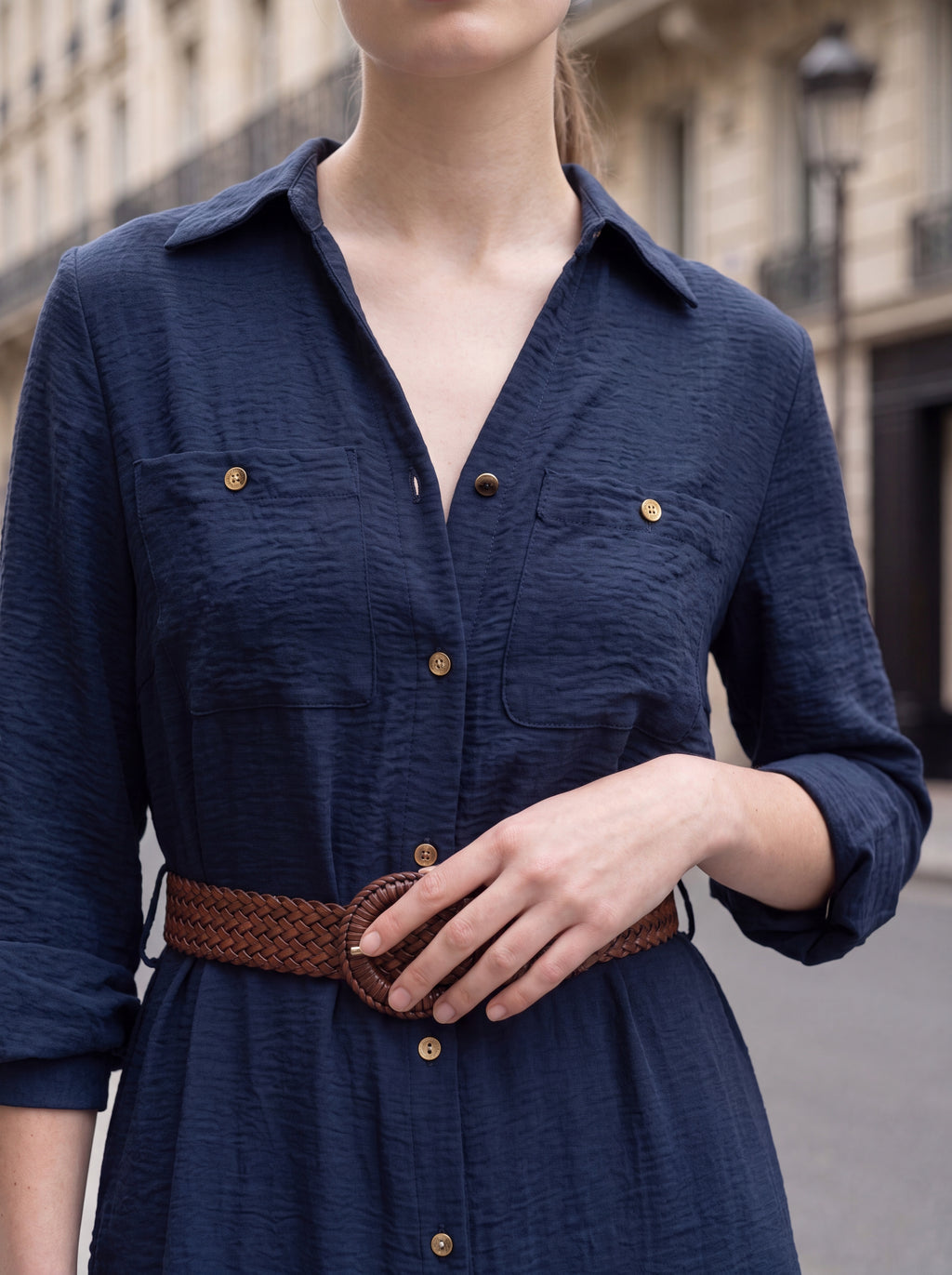 Women's Navy Button-Front Shirt Midi Dress with Belt