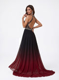 Ombre Embellished Chiffon Evening Gown